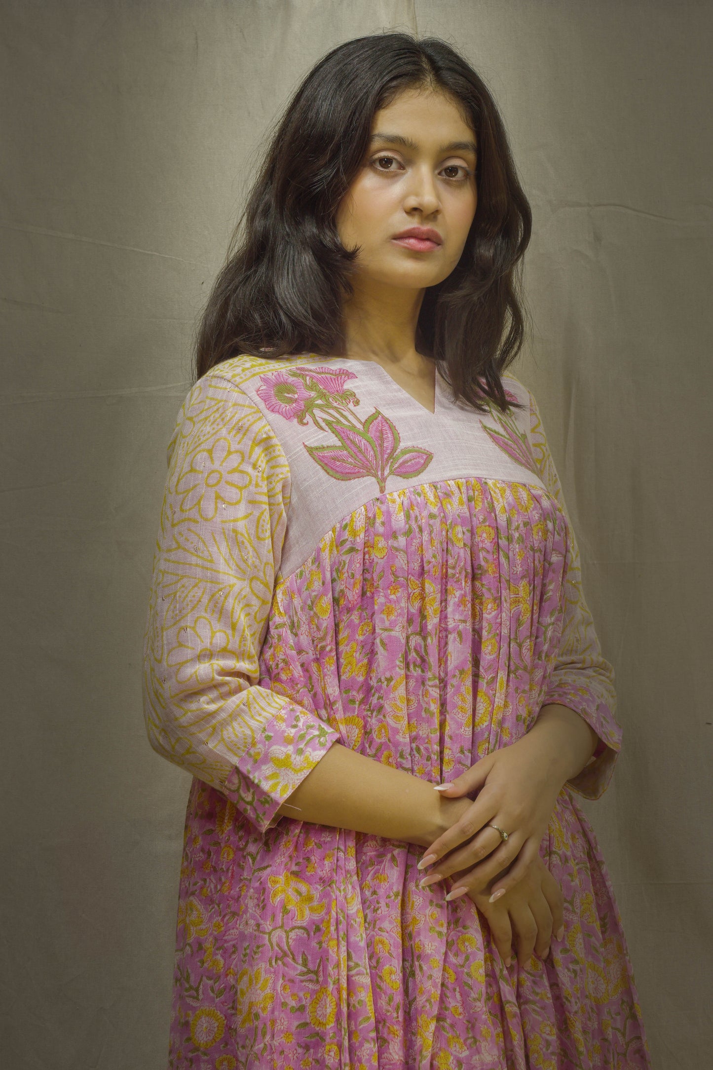 Pink-Cream Pant Kurta Set in Pure Linen