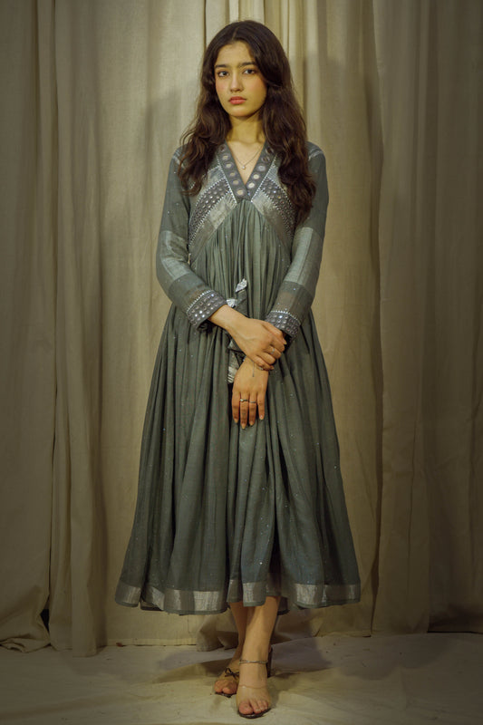 Serenity Spark – Sage & Grey Mirror Work Linen Flared Dress