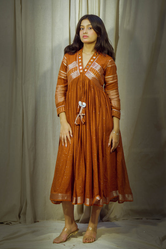 Ember Glow – Rust Mirror Work Linen Flared Dress