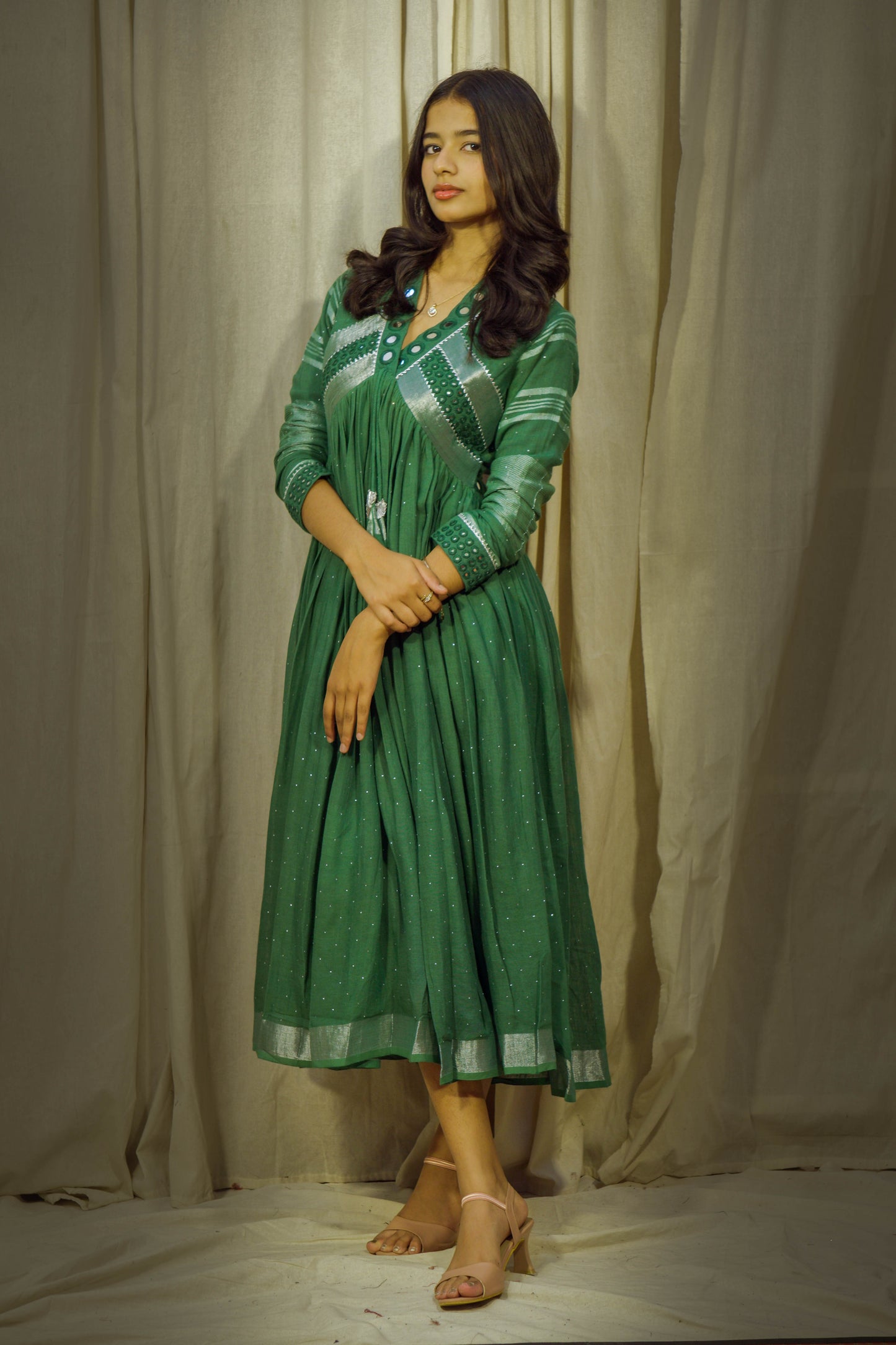 Forest Luster – Bottle Green Mirror Work Linen Flared Dress