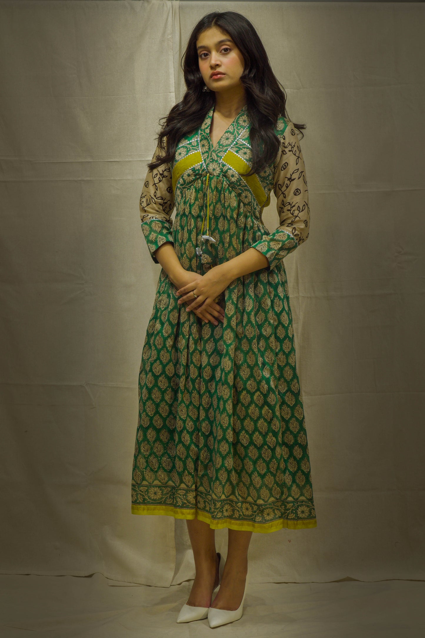 Ina Chanderi Bottle Green Handblock Printed Kurti