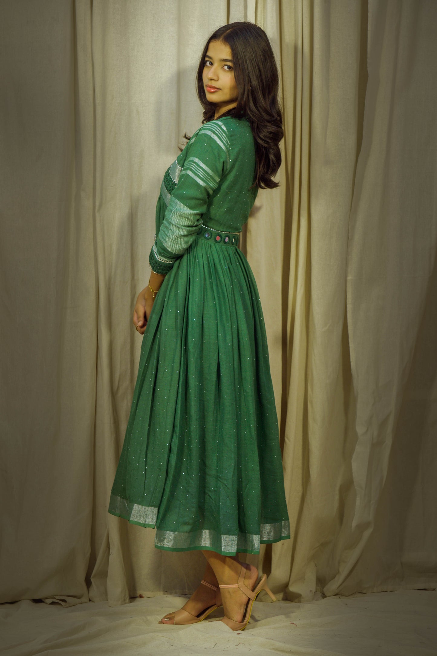Forest Luster – Bottle Green Mirror Work Linen Flared Dress