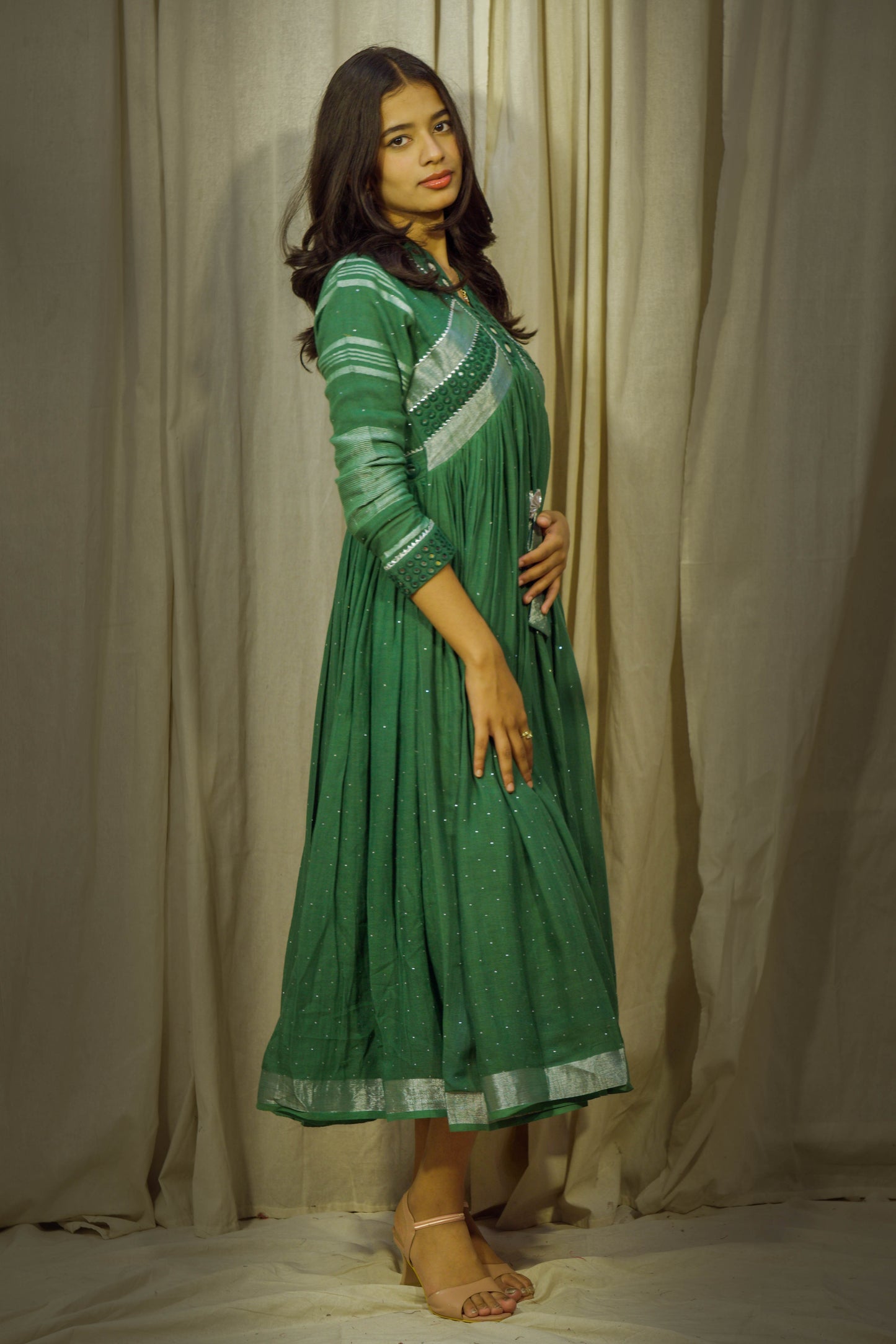 Forest Luster – Bottle Green Mirror Work Linen Flared Dress