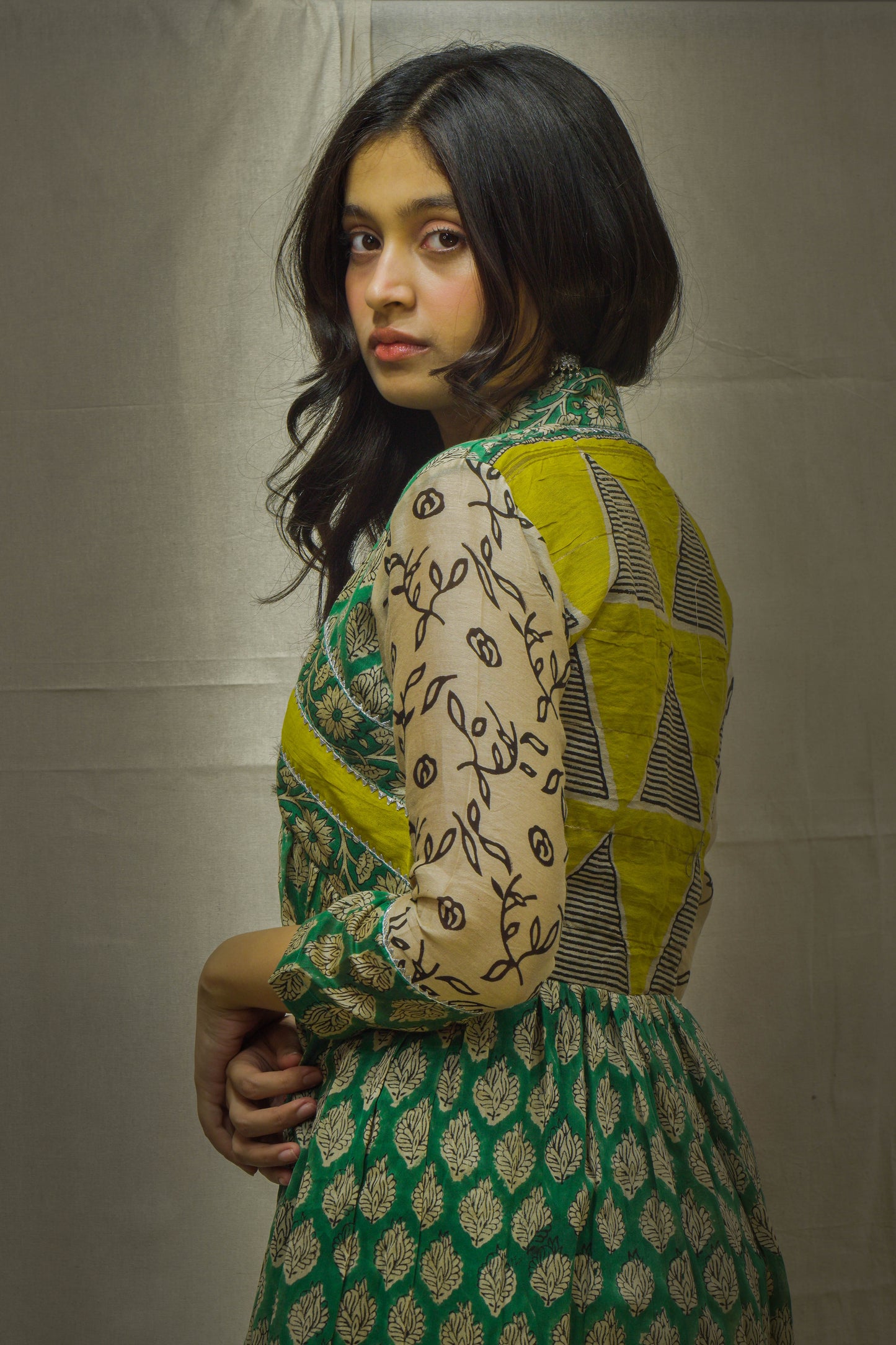 Ina Chanderi Bottle Green Handblock Printed Kurti