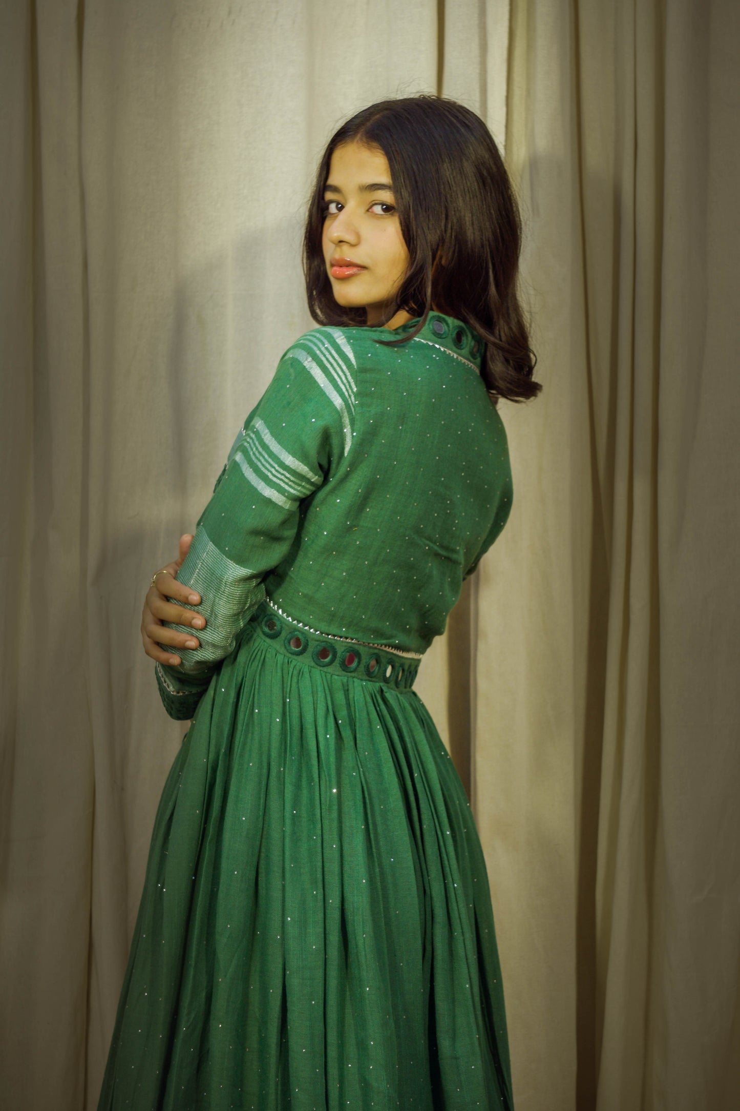 Forest Luster – Bottle Green Mirror Work Linen Flared Dress