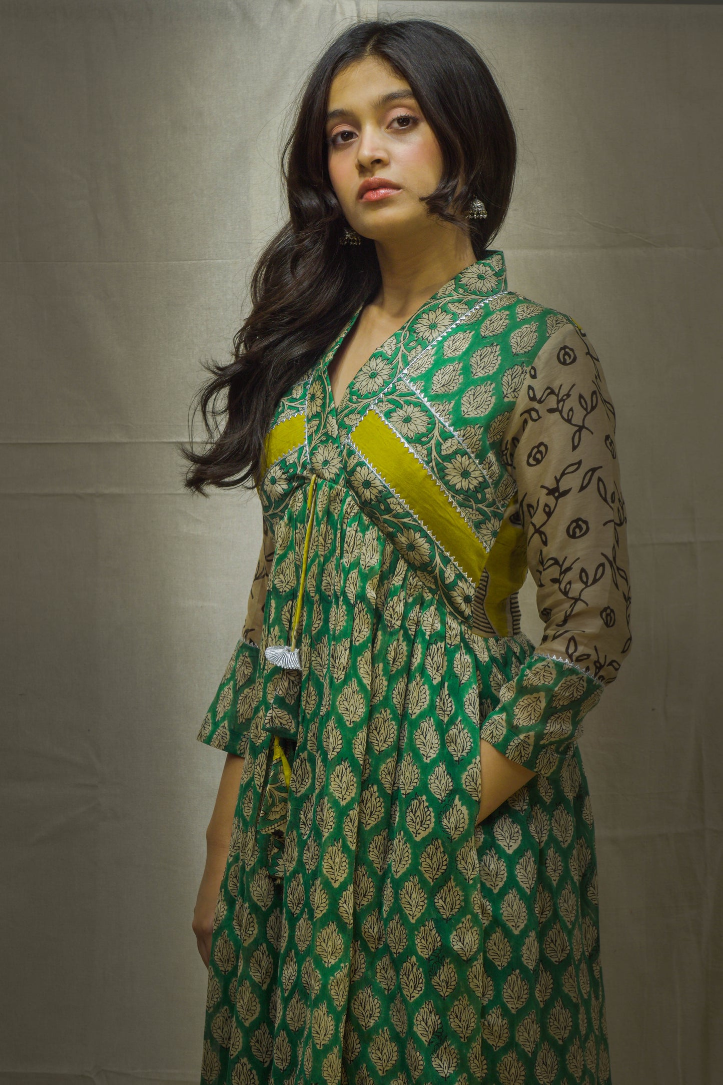 Ina Chanderi Bottle Green Handblock Printed Kurti
