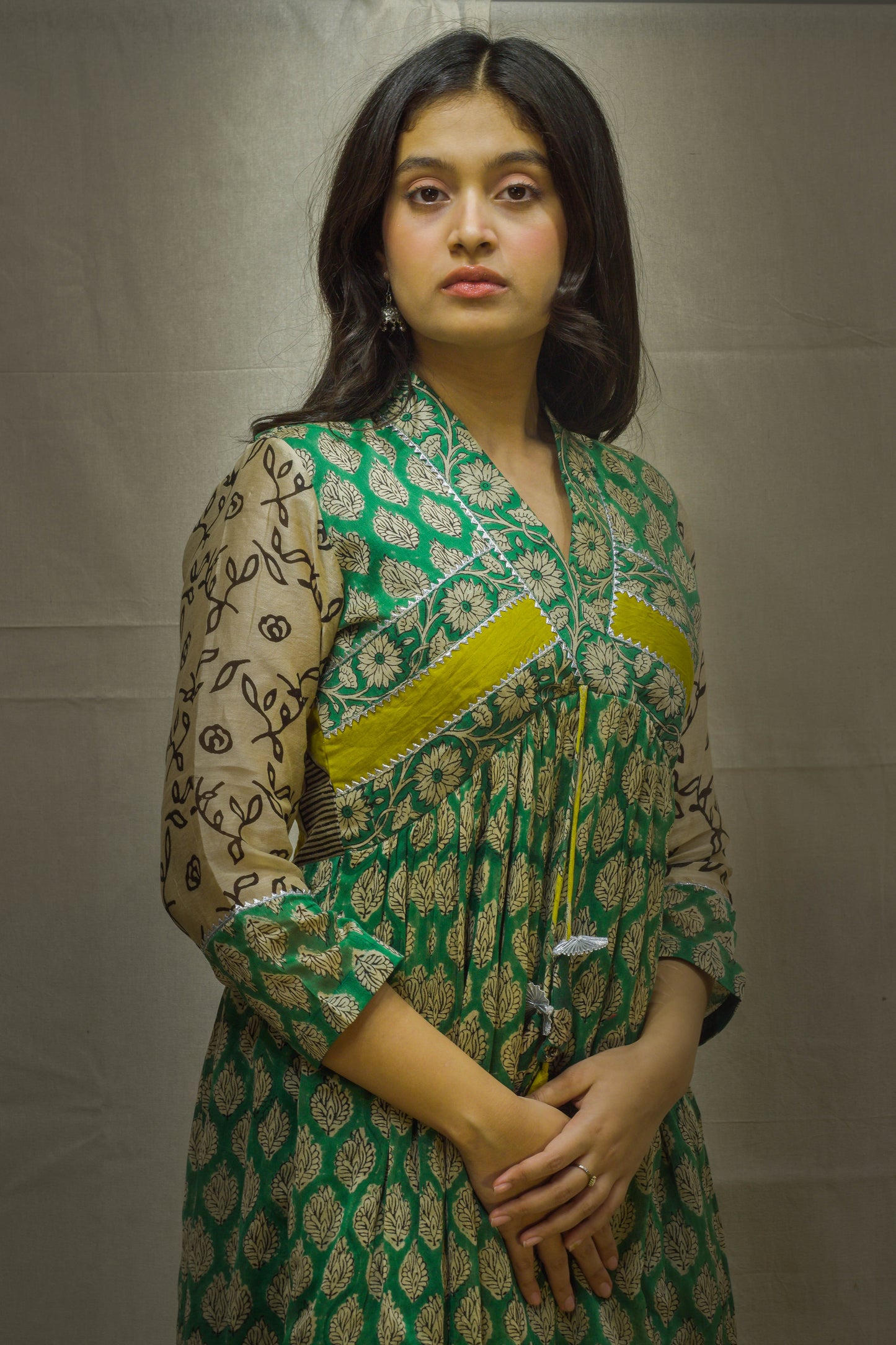 Ina Chanderi Bottle Green Handblock Printed Kurti