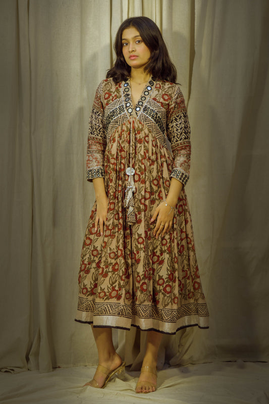 Crimson Bloom – Kalamkari Red Flower Mirror Work Linen Flared Dress