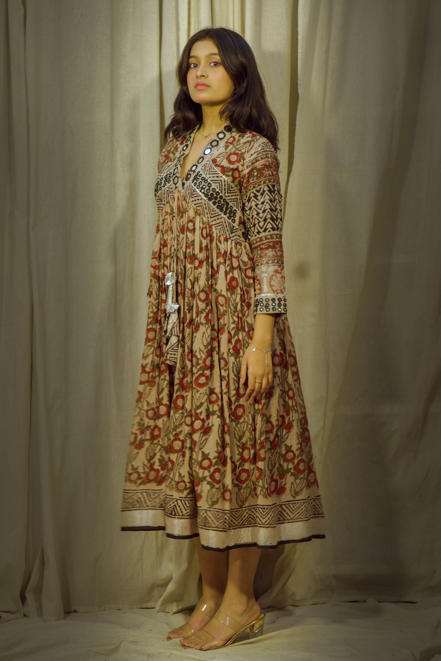 Crimson Bloom – Kalamkari Red Flower Mirror Work Linen Flared Dress