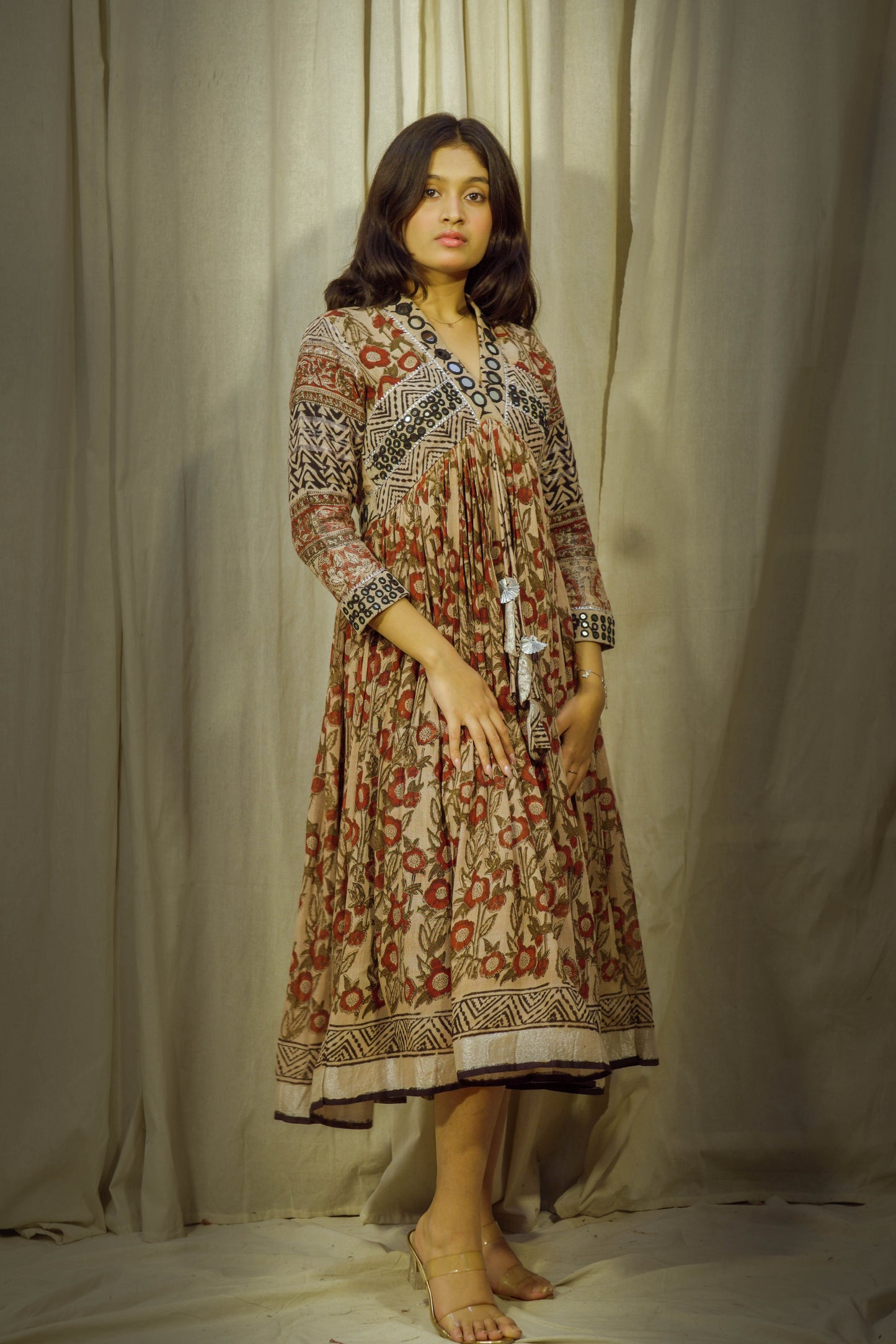 Crimson Bloom – Kalamkari Red Flower Mirror Work Linen Flared Dress