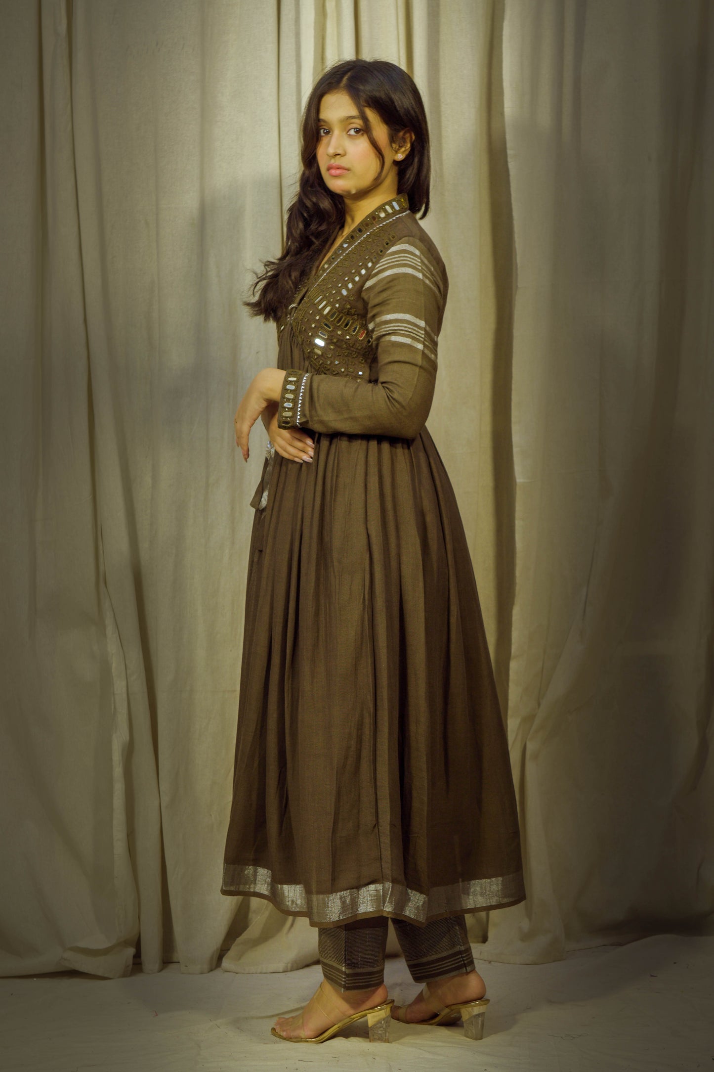 Golden Ember – Ocher Brown Mirror Work Linen Dress Set