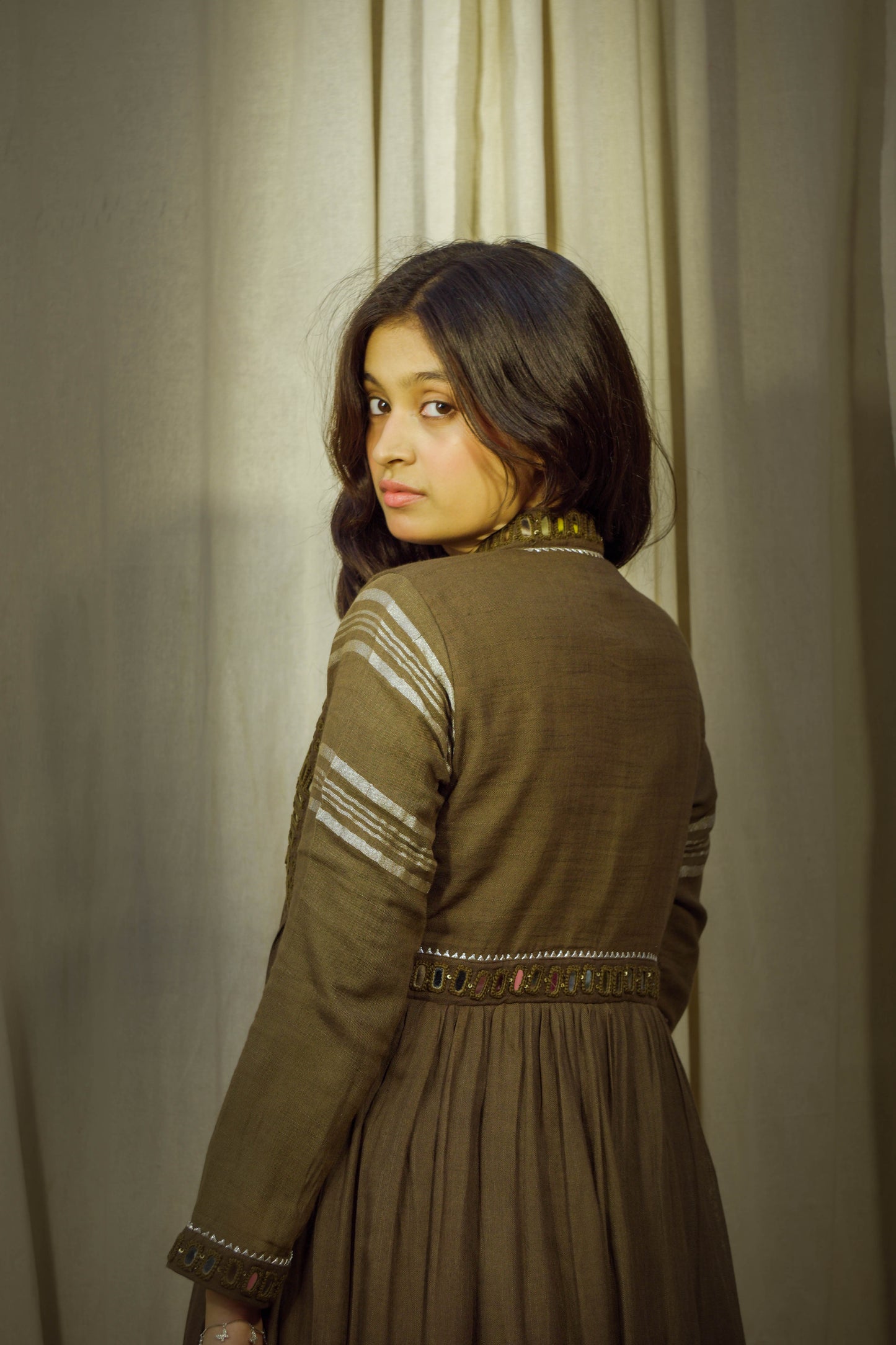 Golden Ember – Ocher Brown Mirror Work Linen Dress Set