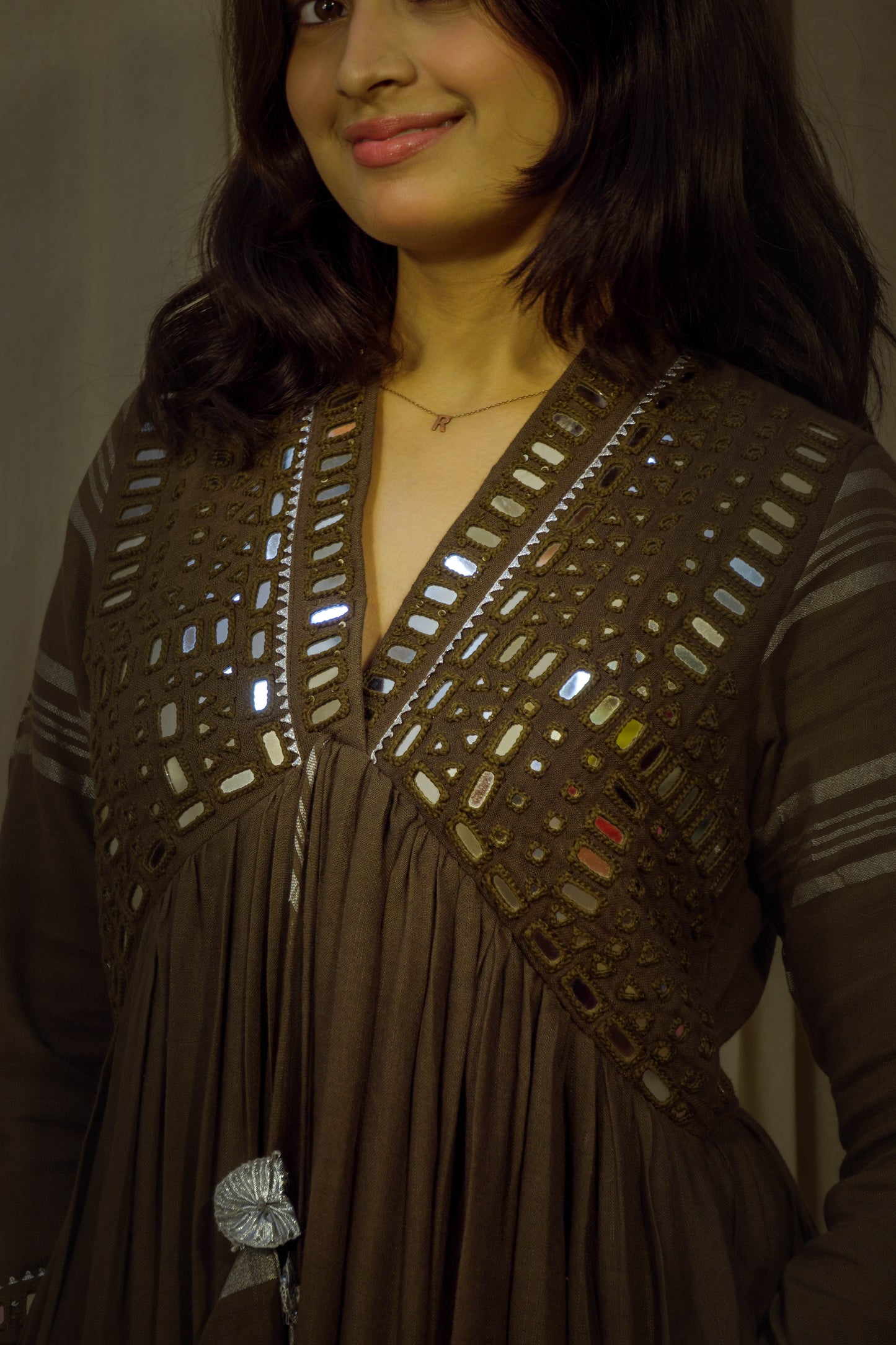 Golden Ember – Ocher Brown Mirror Work Linen Dress Set