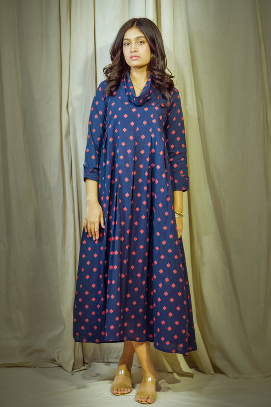 Laalya Vrishti – Navy Cotton Polo Tunic with Red Box Print