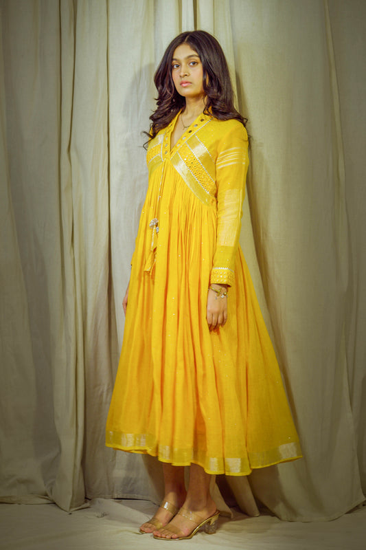 Saanjh – Yellowish Orange Pure Linen Flared Dress with Mirror & Mukesh Work