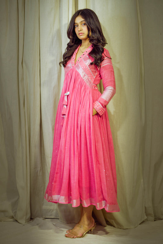 Gulroz – Signature Pink Pure Linen Flared Dress with Mirror & Mukesh Work