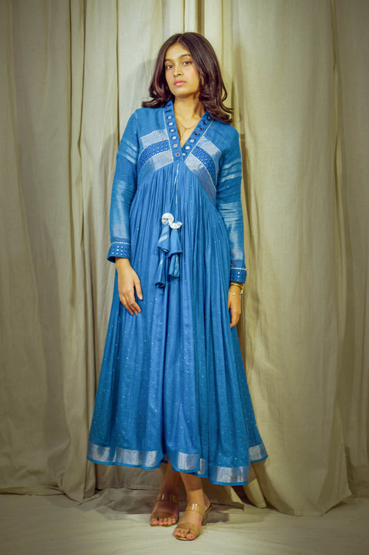 Devyani – Royal Blue Pure Linen Flared Dress with Mirror & Mukesh Work