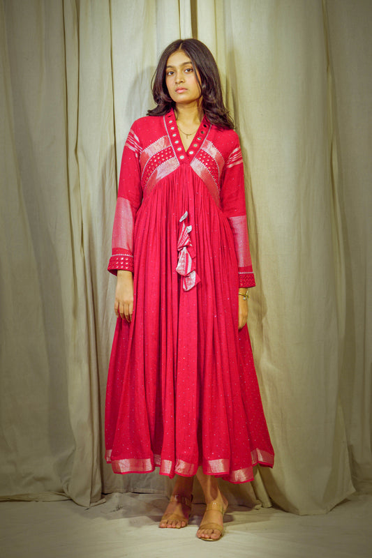 Raagini – Cherry Red Pure Linen Flared Dress with Mirror & Mukesh Work