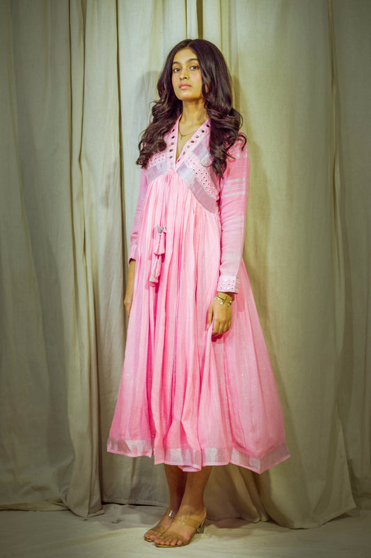Meher – Baby Pink Pure Linen Flared Dress with Mirror & Mukesh Work
