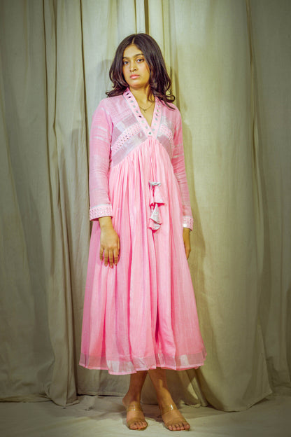 Meher – Baby Pink Pure Linen Flared Dress with Mirror & Mukesh Work