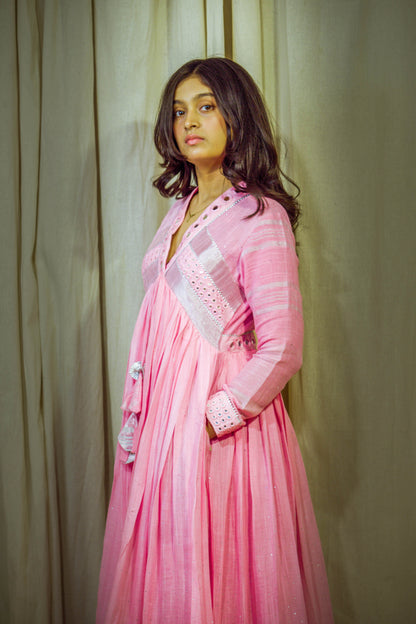 Meher – Baby Pink Pure Linen Flared Dress with Mirror & Mukesh Work