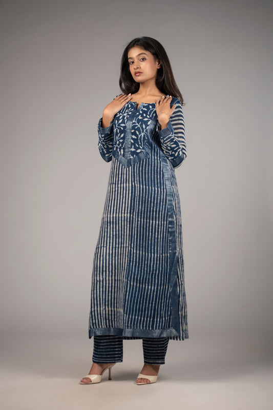 Mehrunisa Indigo Block Print Linen Kurta Set