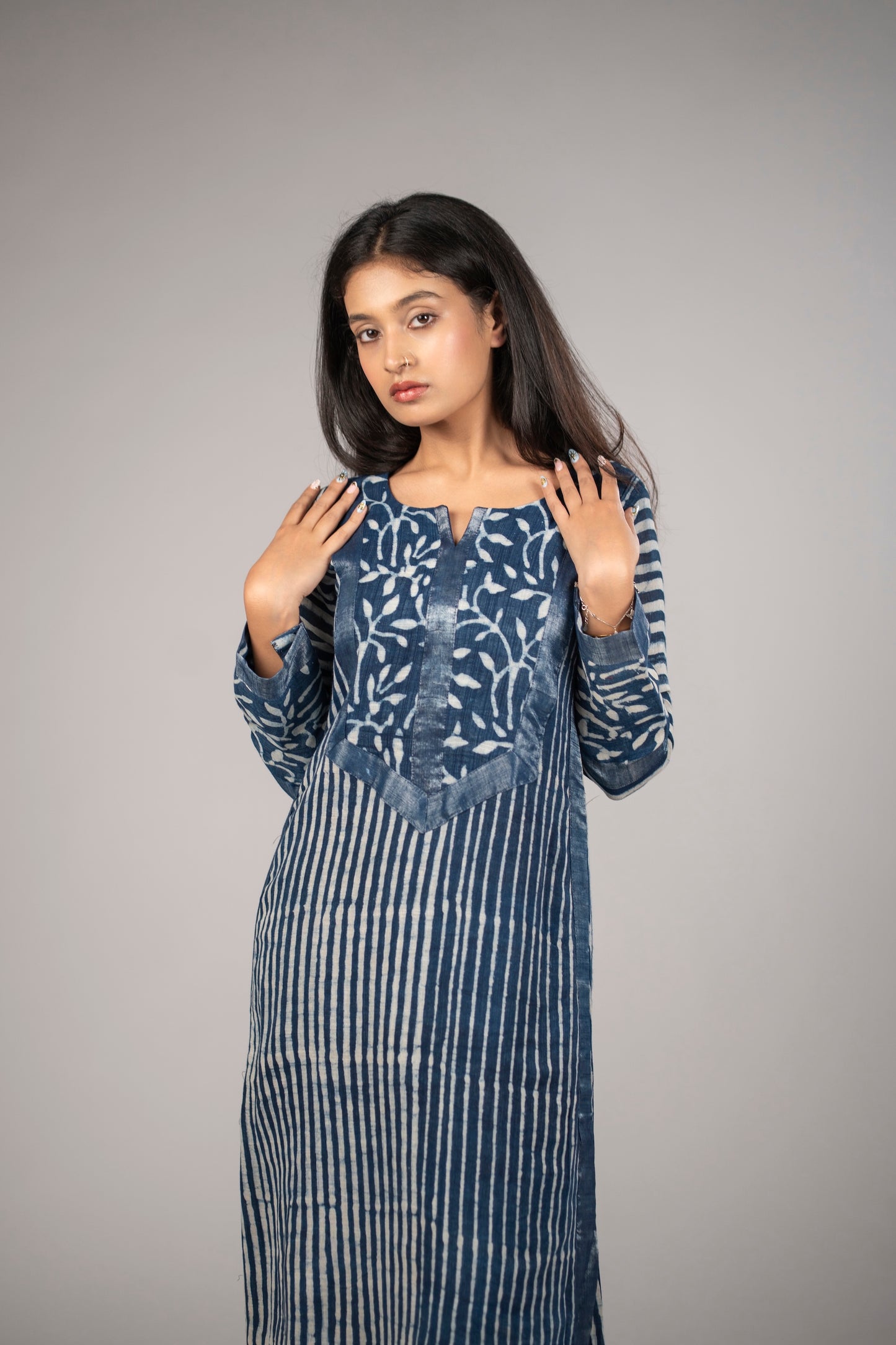 Mehrunisa Indigo Block Print Linen Kurta Set