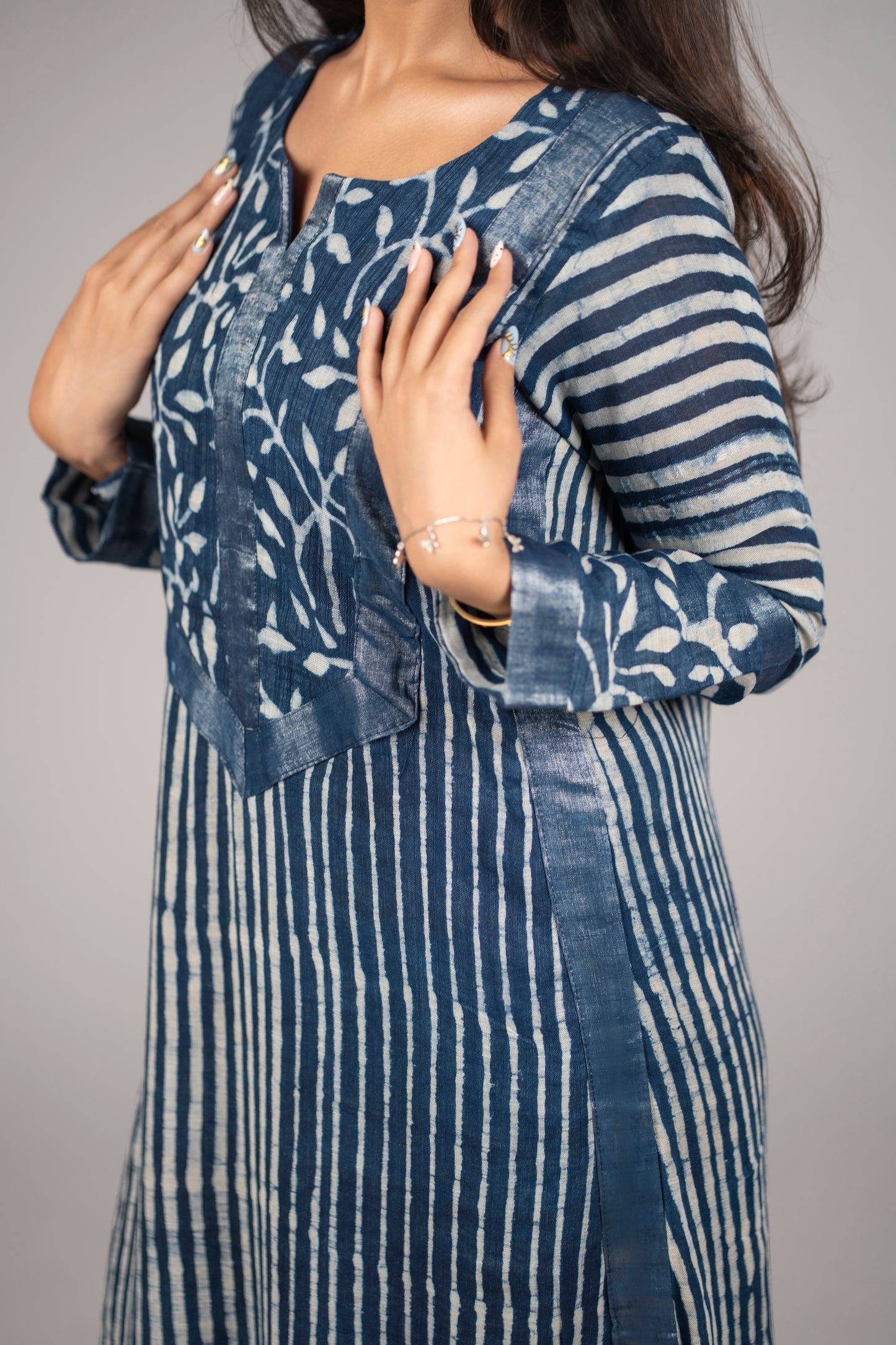 Mehrunisa Indigo Block Print Linen Kurta Set