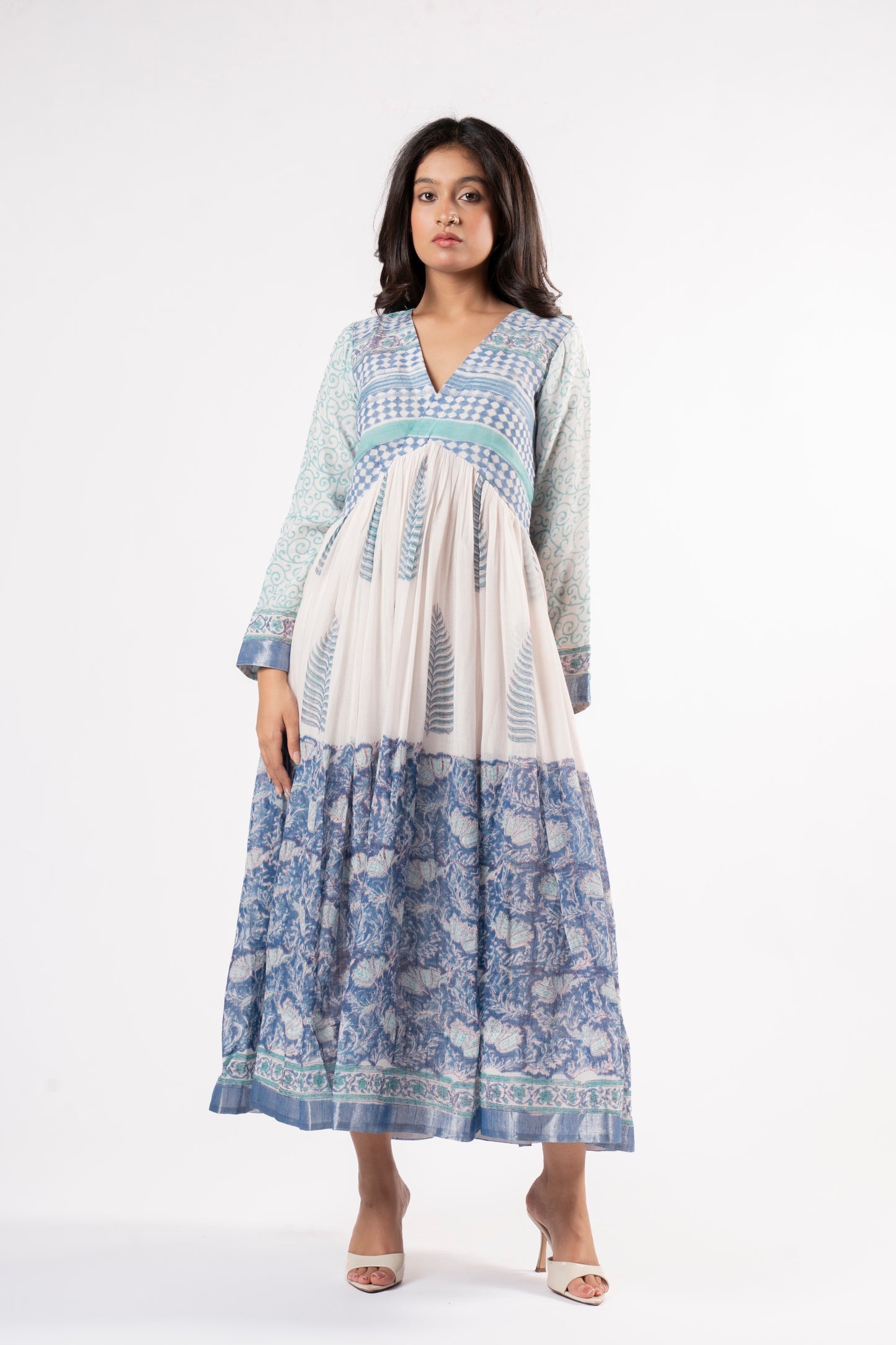 Mallika Royal Blue-White Dress in Pure Linen