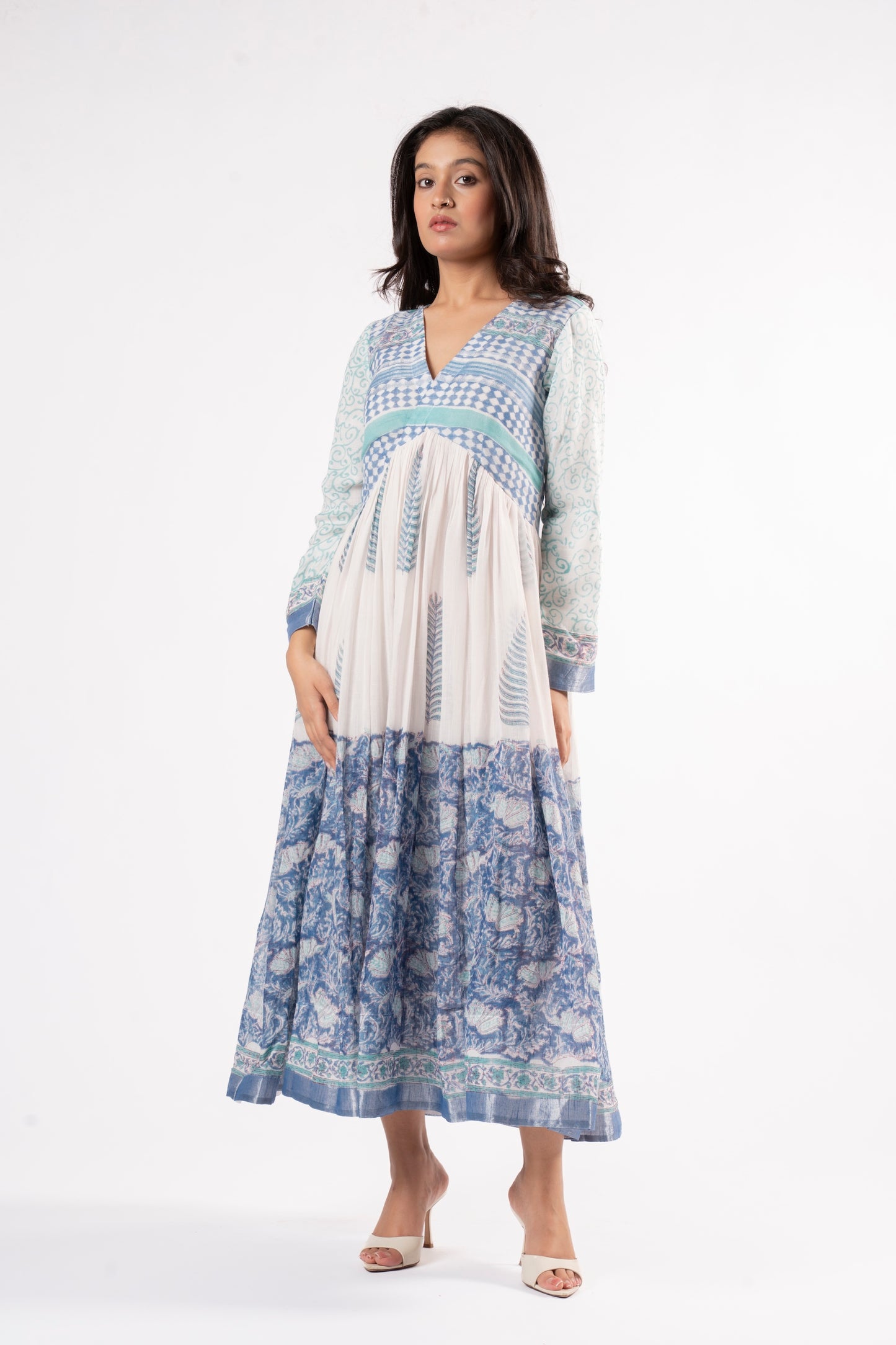 Mallika Royal Blue-White Dress in Pure Linen