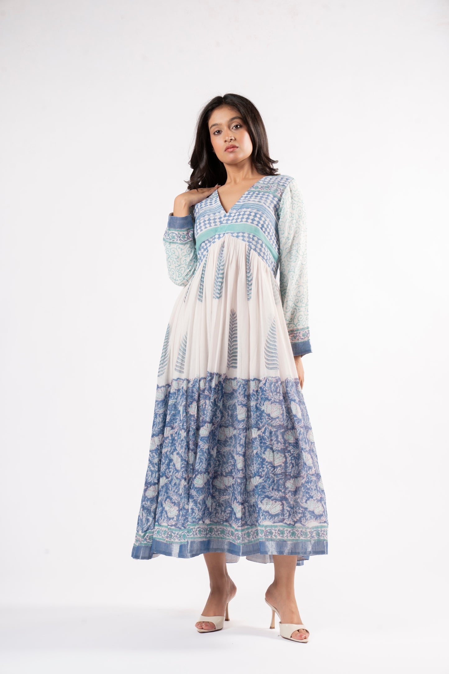 Mallika Royal Blue-White Dress in Pure Linen