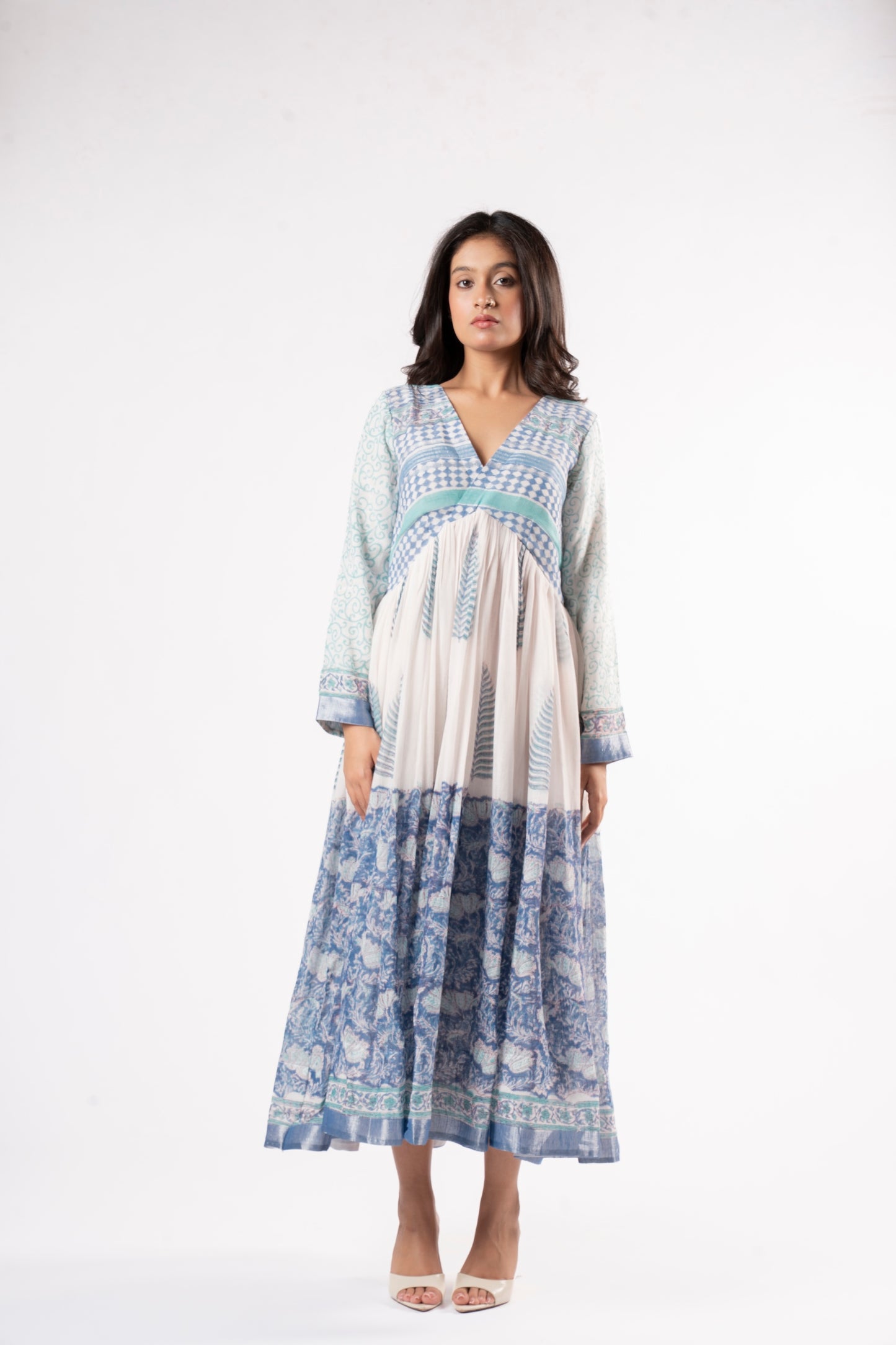 Mallika Royal Blue-White Dress in Pure Linen