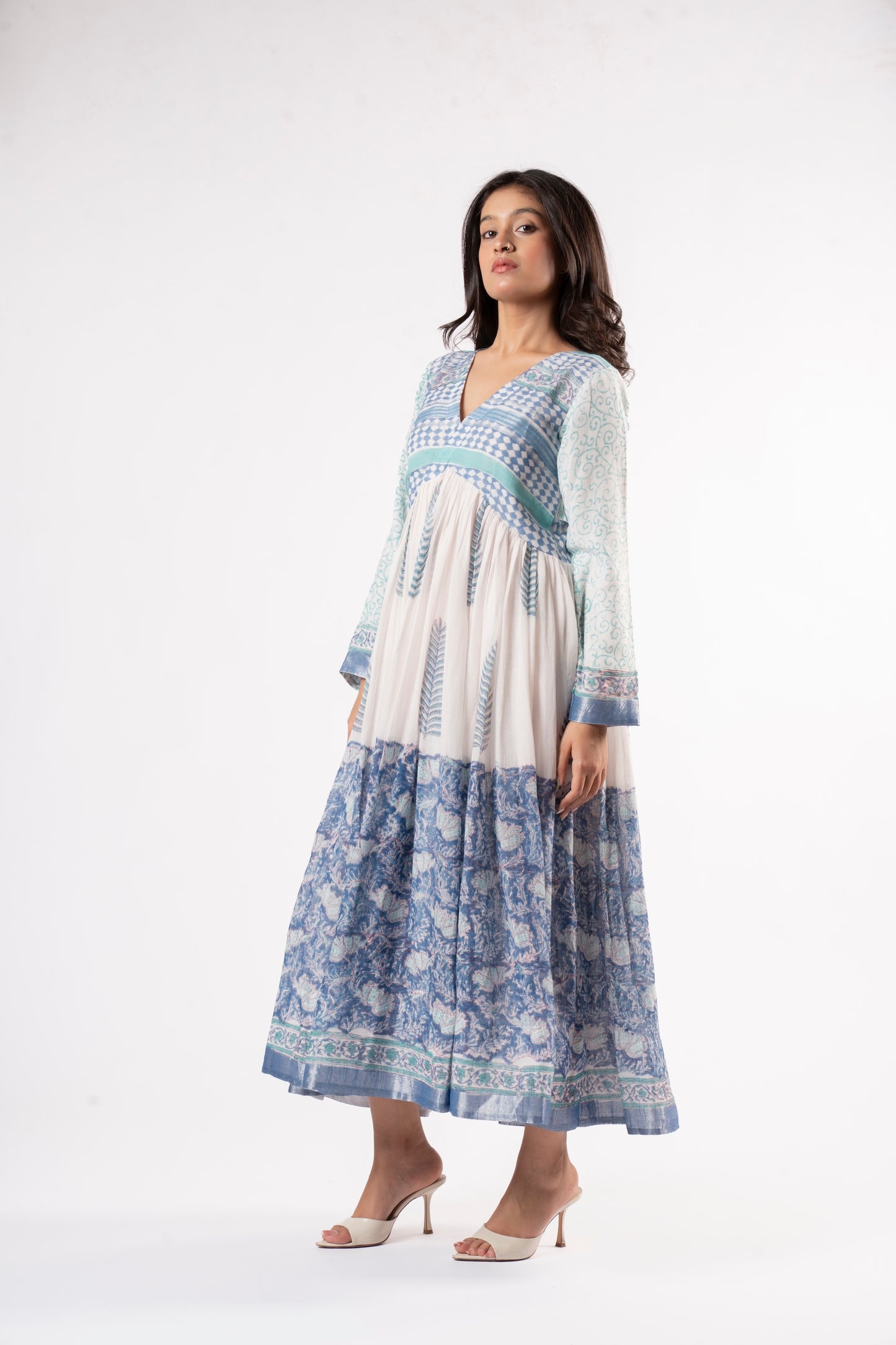 Mallika Royal Blue-White Dress in Pure Linen