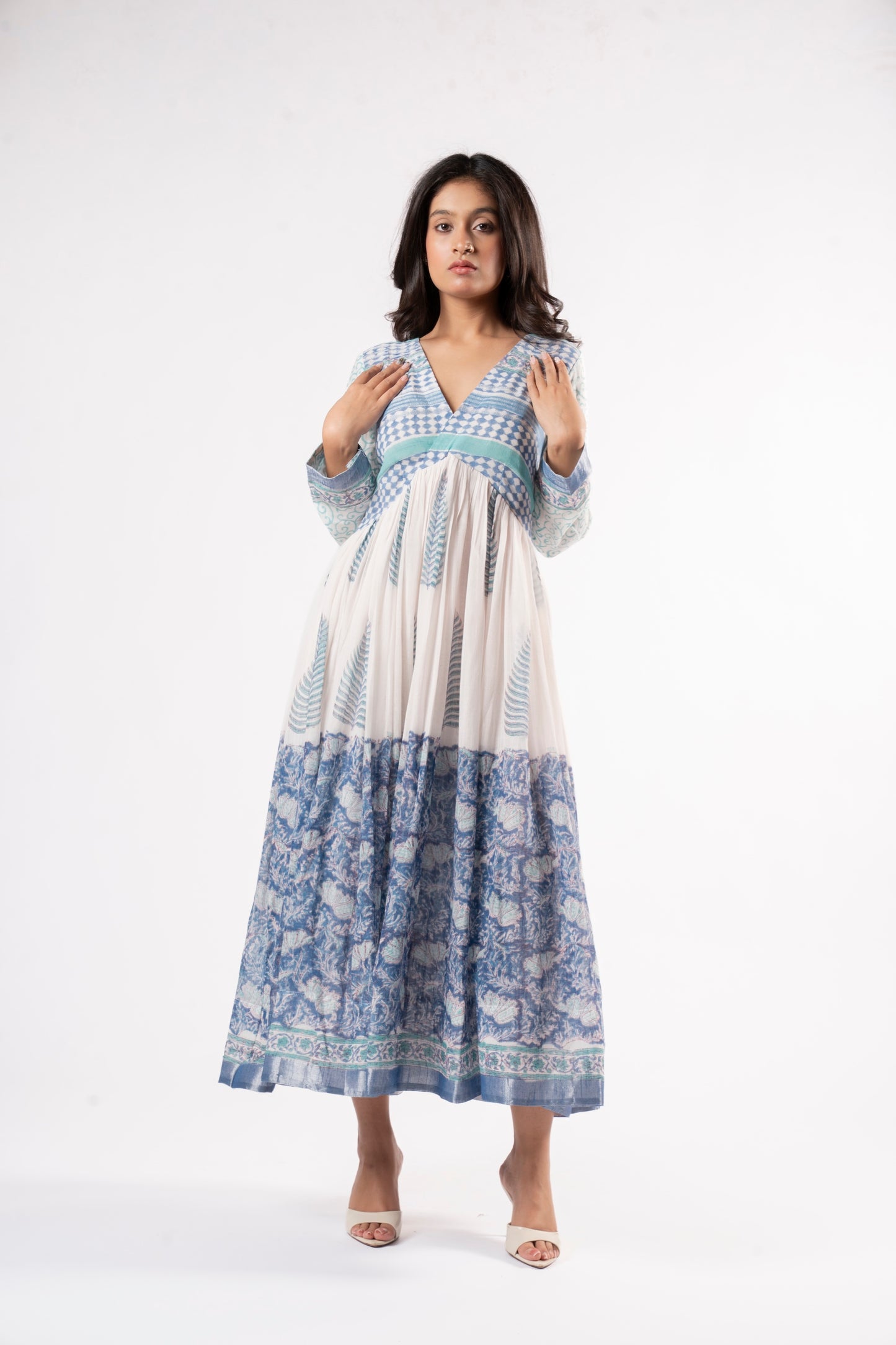 Mallika Royal Blue-White Dress in Pure Linen