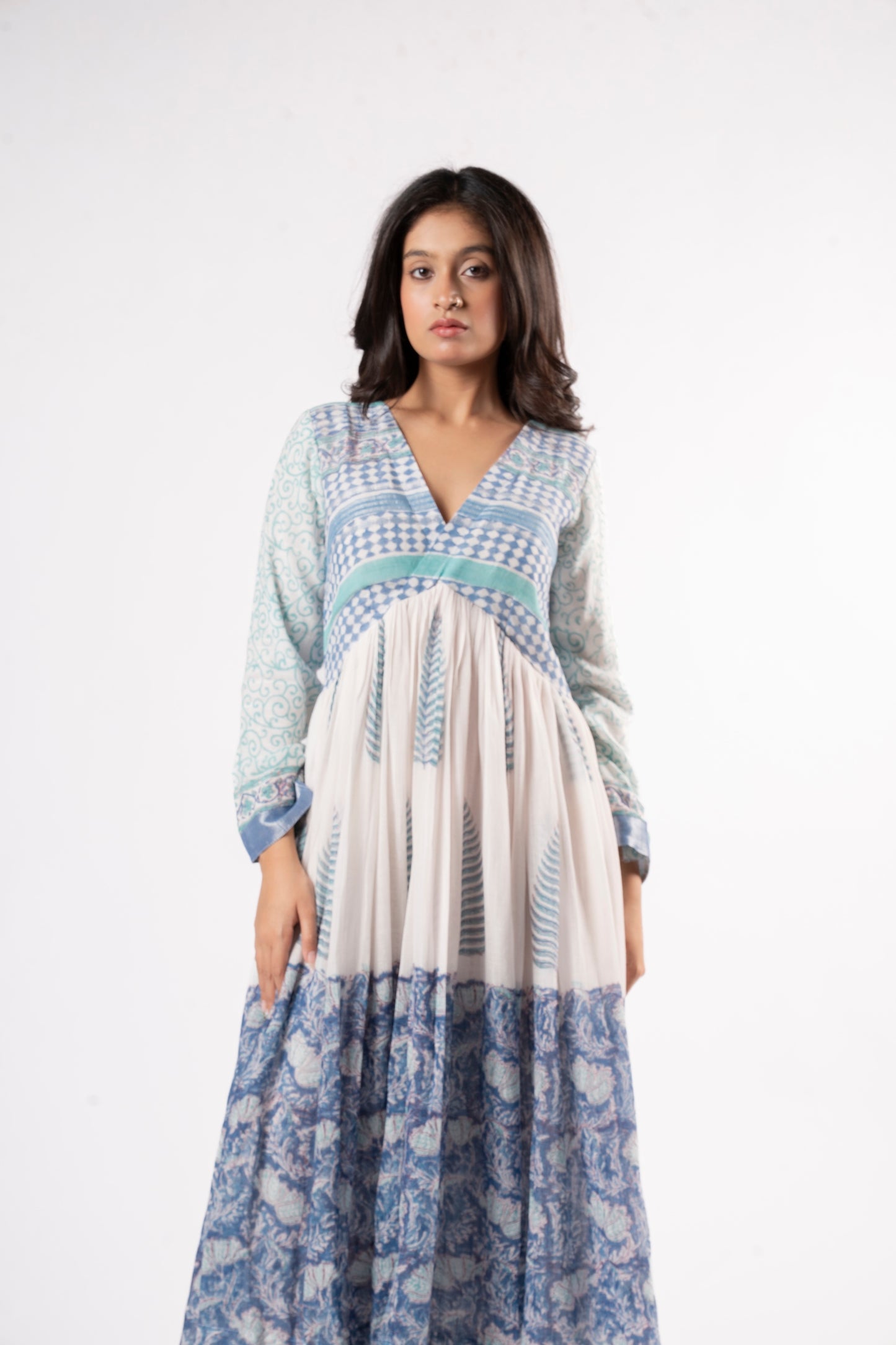 Mallika Royal Blue-White Dress in Pure Linen