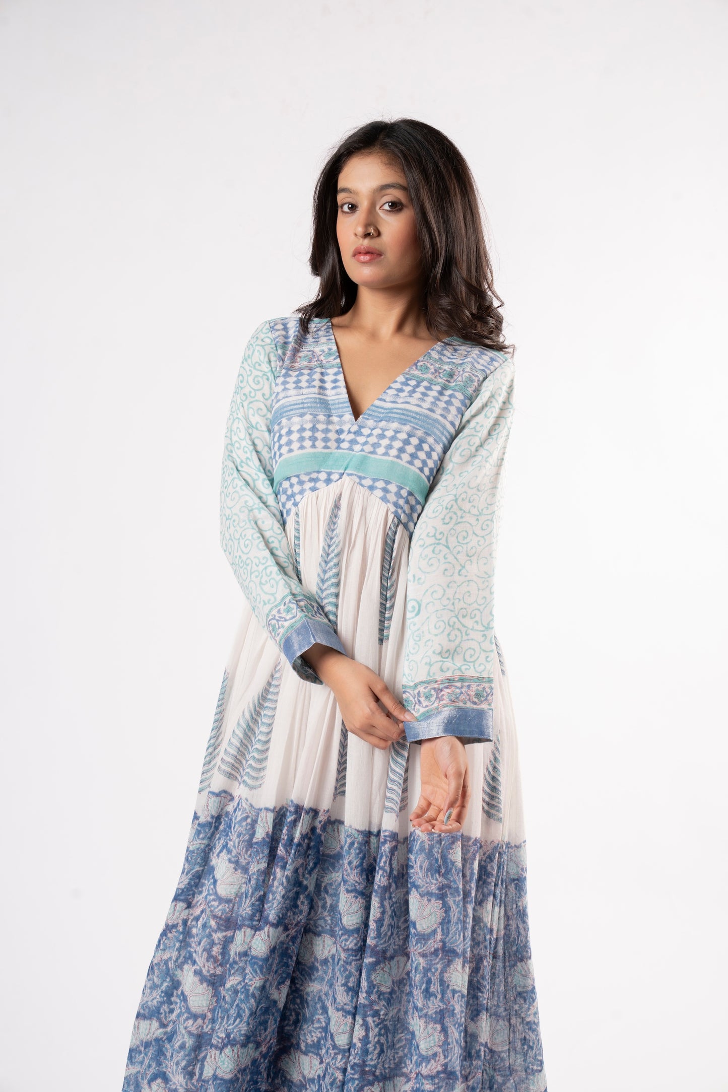Mallika Royal Blue-White Dress in Pure Linen