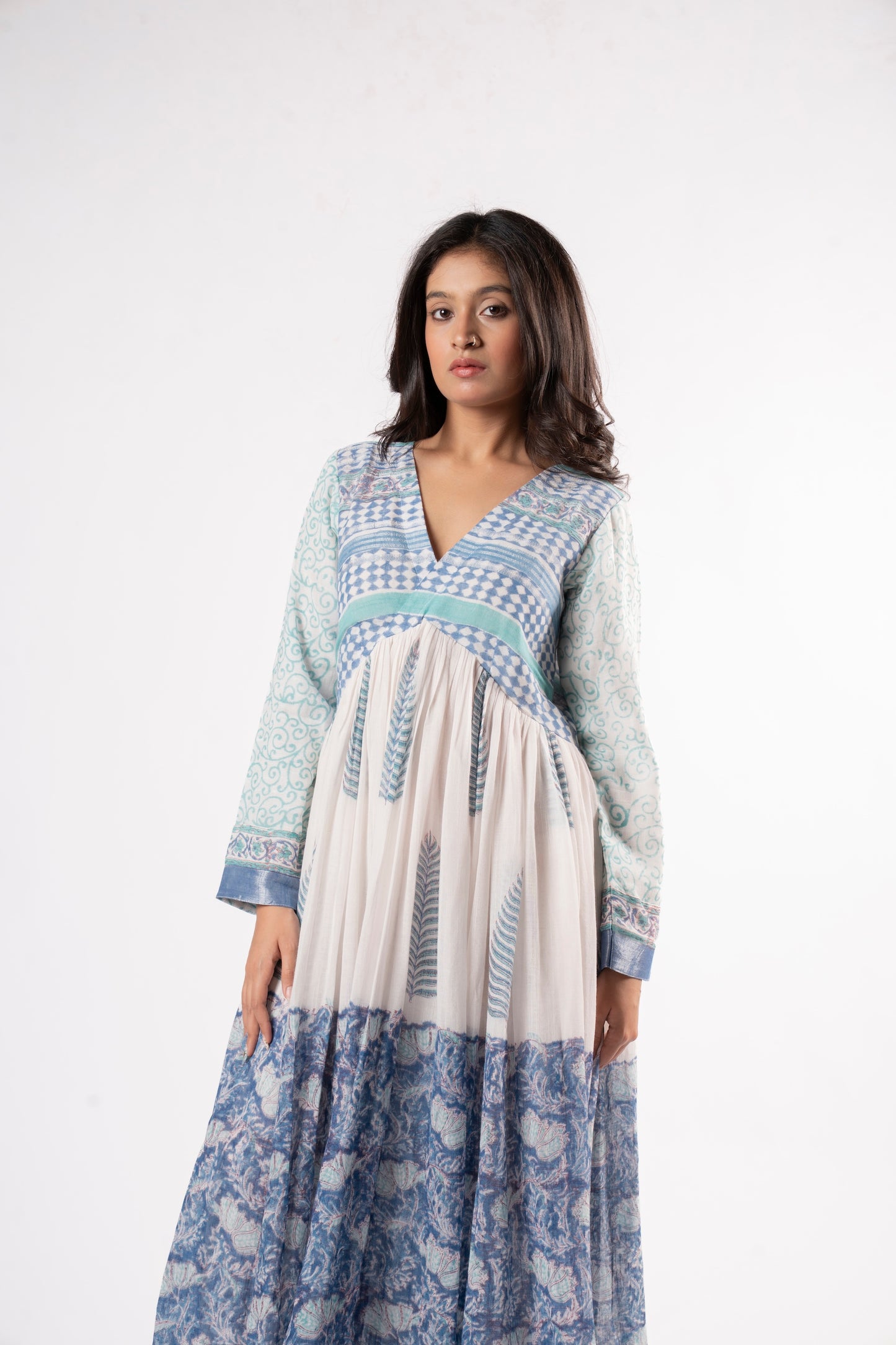 Mallika Royal Blue-White Dress in Pure Linen