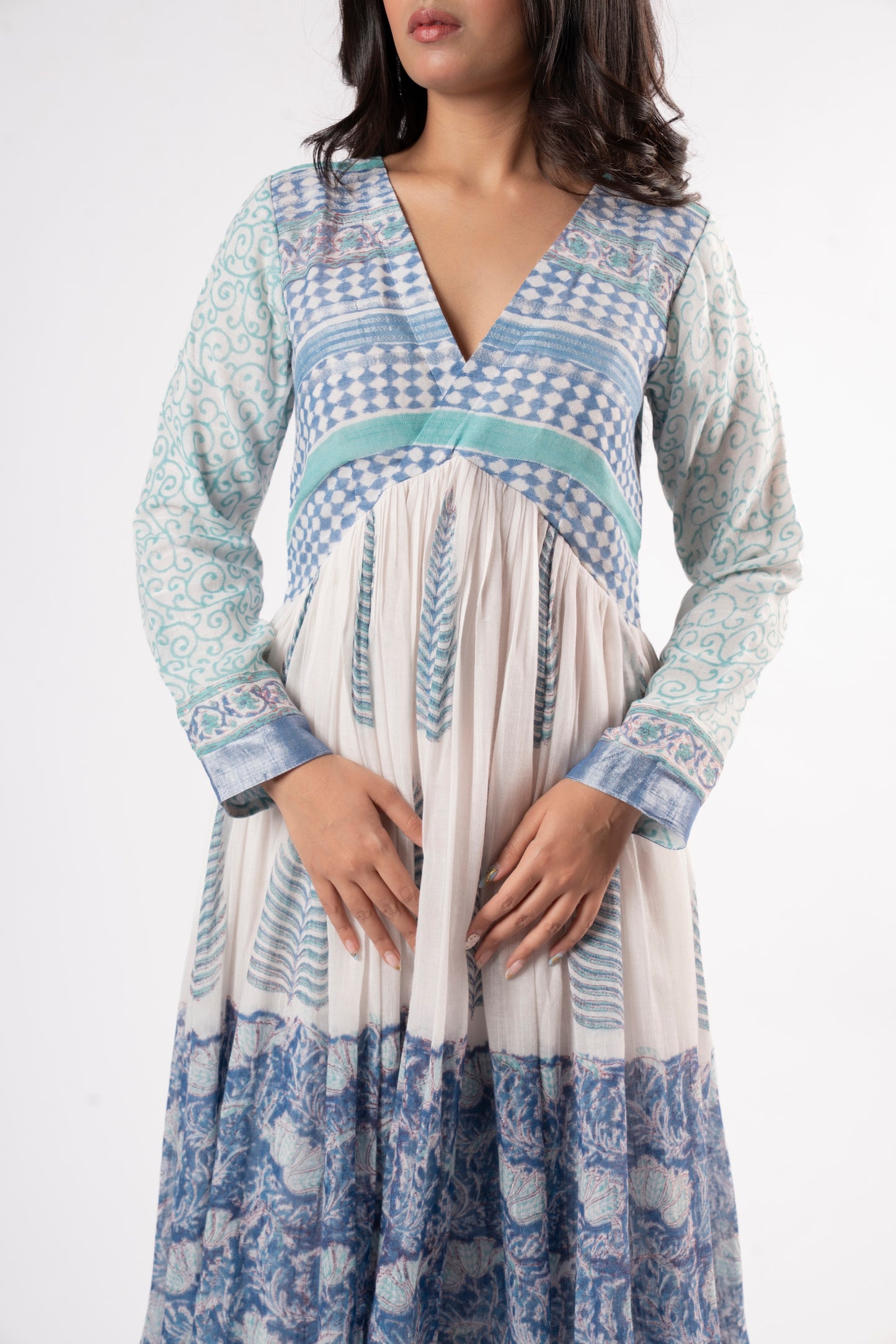Mallika Royal Blue-White Dress in Pure Linen