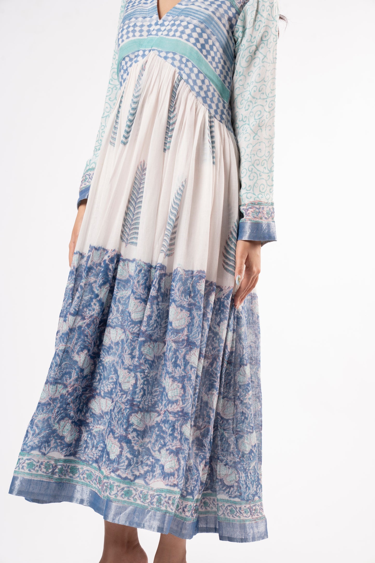 Mallika Royal Blue-White Dress in Pure Linen