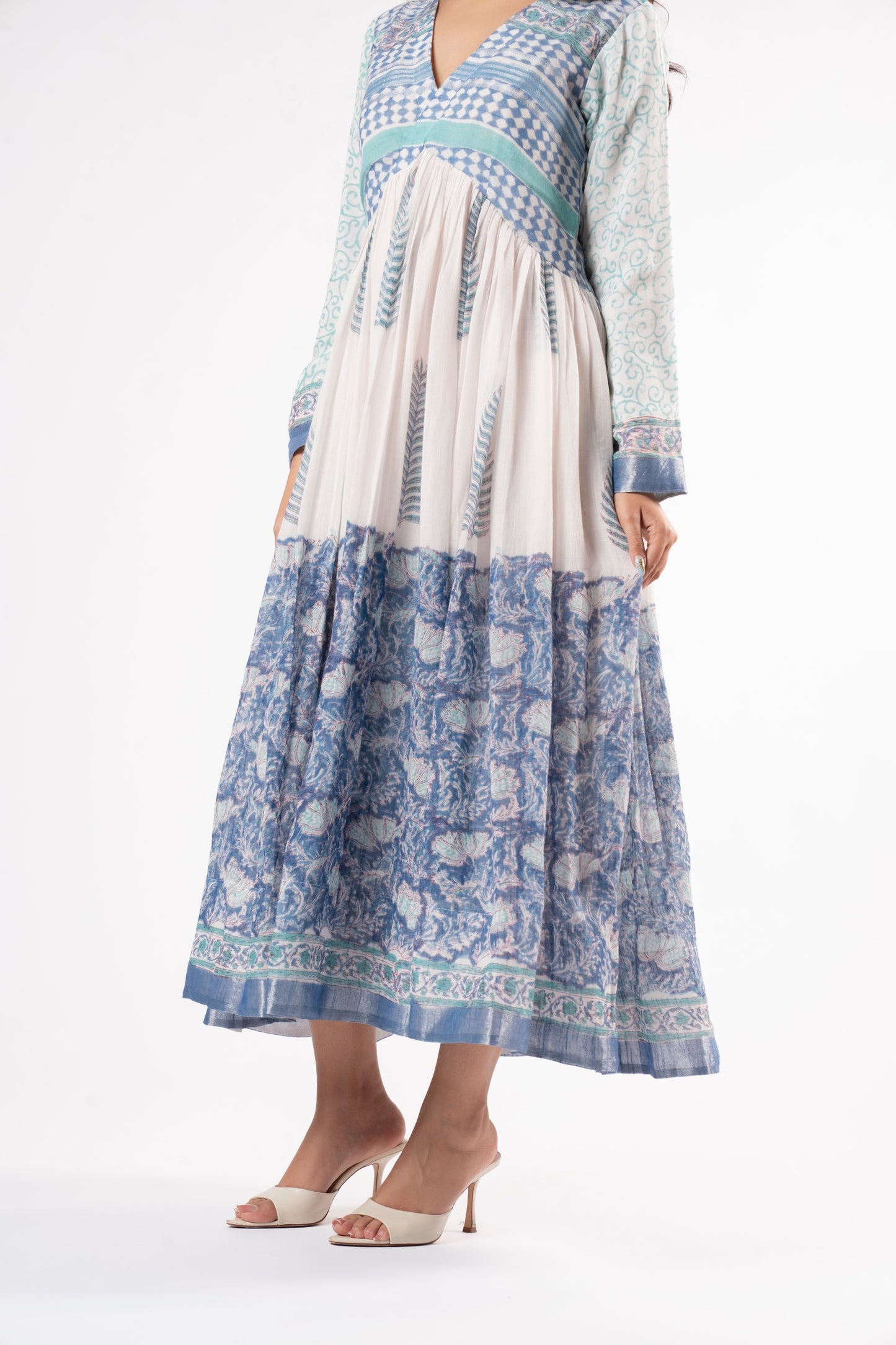 Mallika Royal Blue-White Dress in Pure Linen