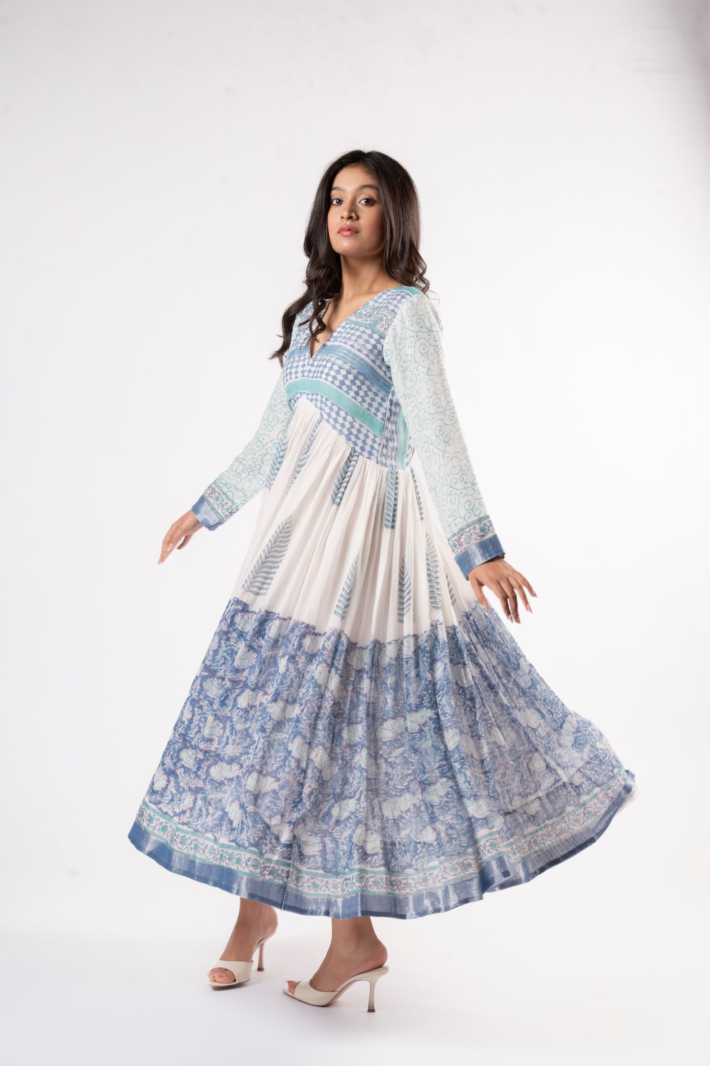 Mallika Royal Blue-White Dress in Pure Linen