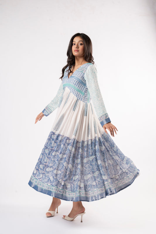 Mallika Royal Blue-White Dress in Pure Linen