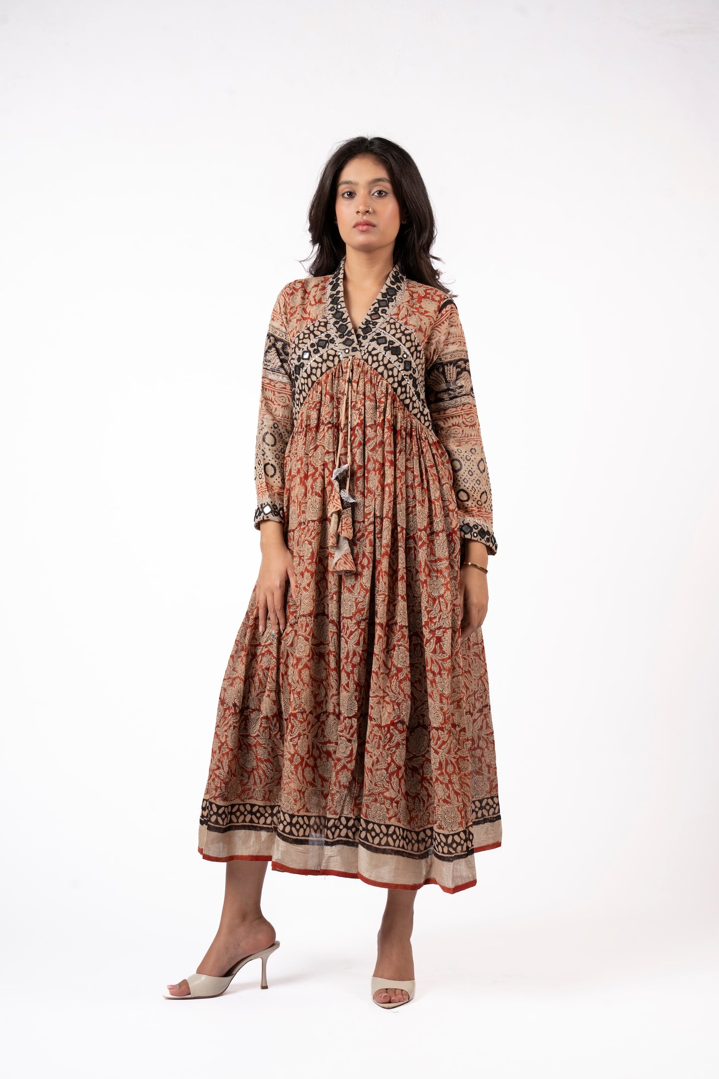 Eternal Blossom – Classic Kalamkari Mirror Work Linen Flared Dress