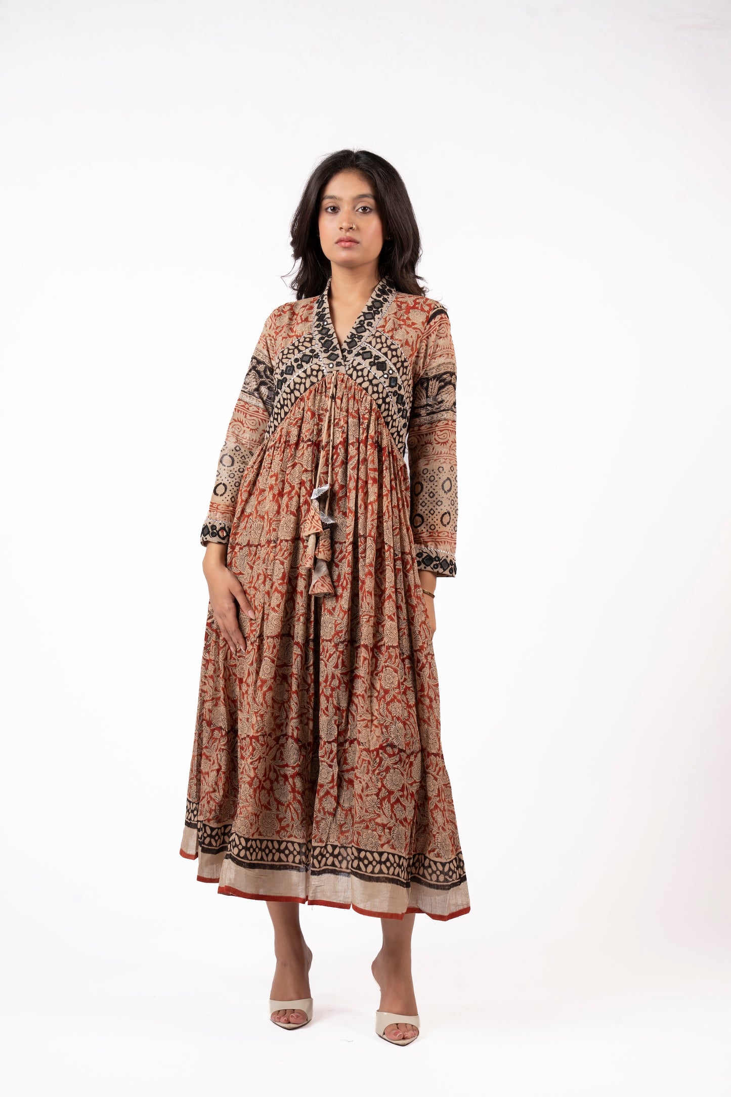 Eternal Blossom – Classic Kalamkari Mirror Work Linen Flared Dress