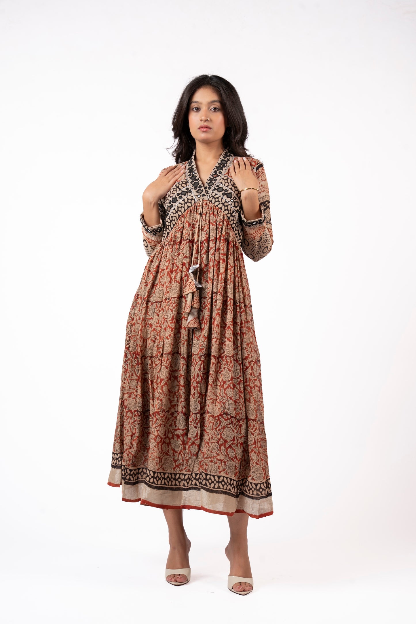 Eternal Blossom – Classic Kalamkari Mirror Work Linen Flared Dress