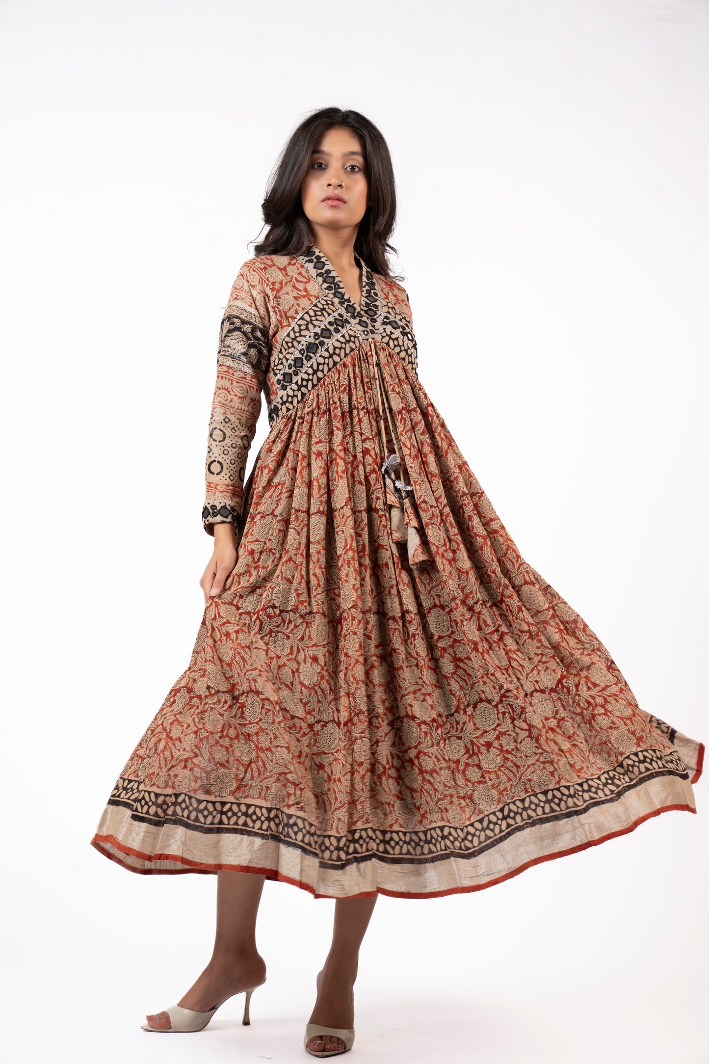 Eternal Blossom – Classic Kalamkari Mirror Work Linen Flared Dress