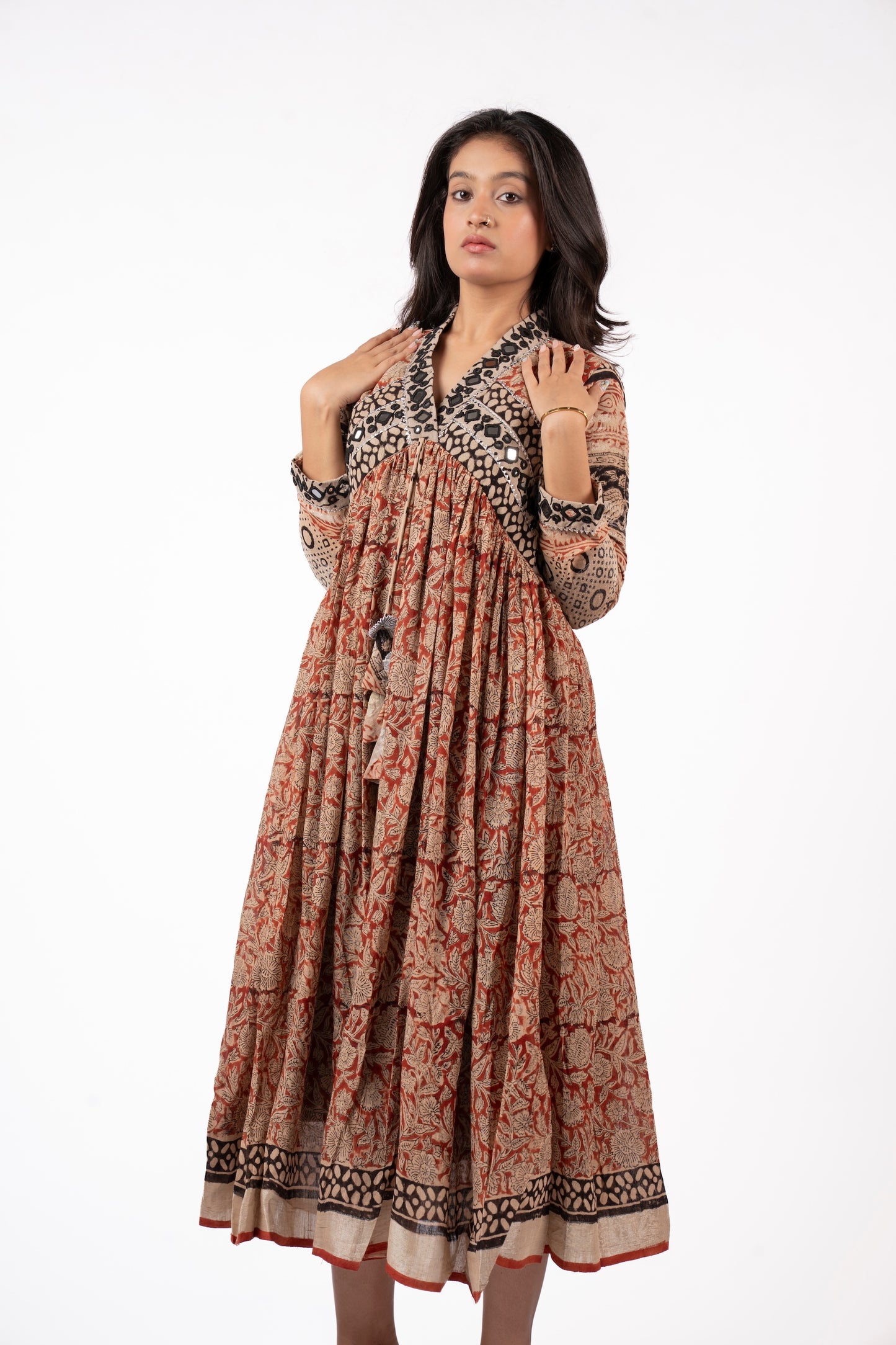 Eternal Blossom – Classic Kalamkari Mirror Work Linen Flared Dress