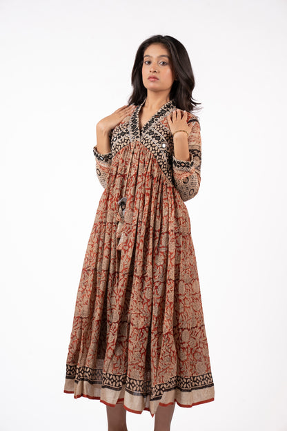 Eternal Blossom – Classic Kalamkari Mirror Work Linen Flared Dress