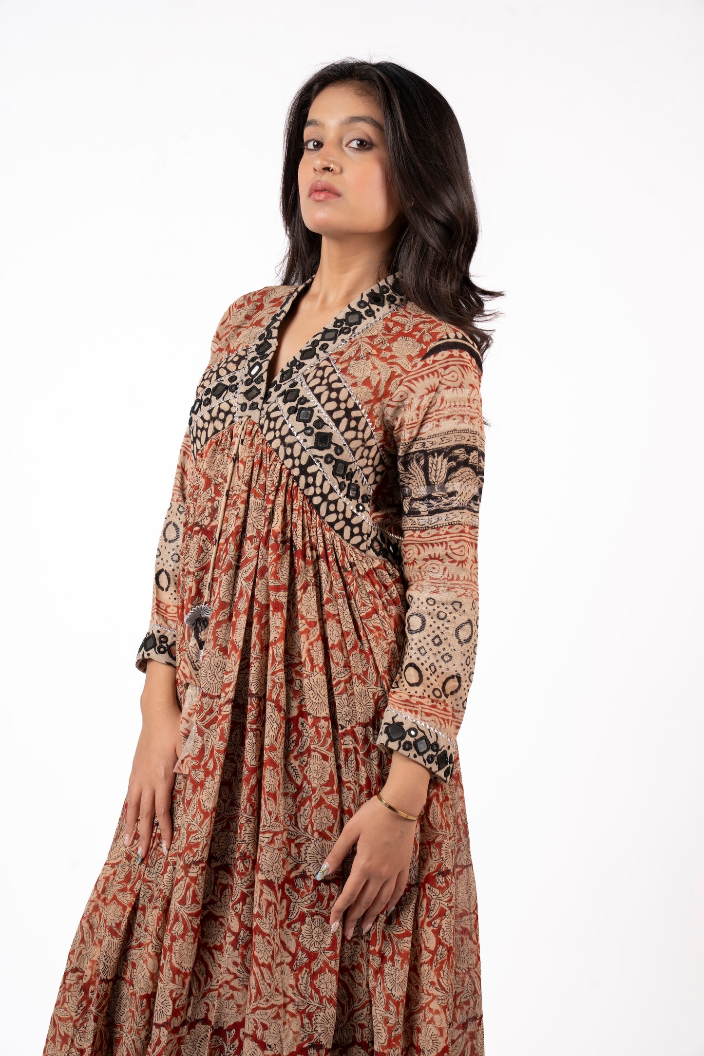 Eternal Blossom – Classic Kalamkari Mirror Work Linen Flared Dress