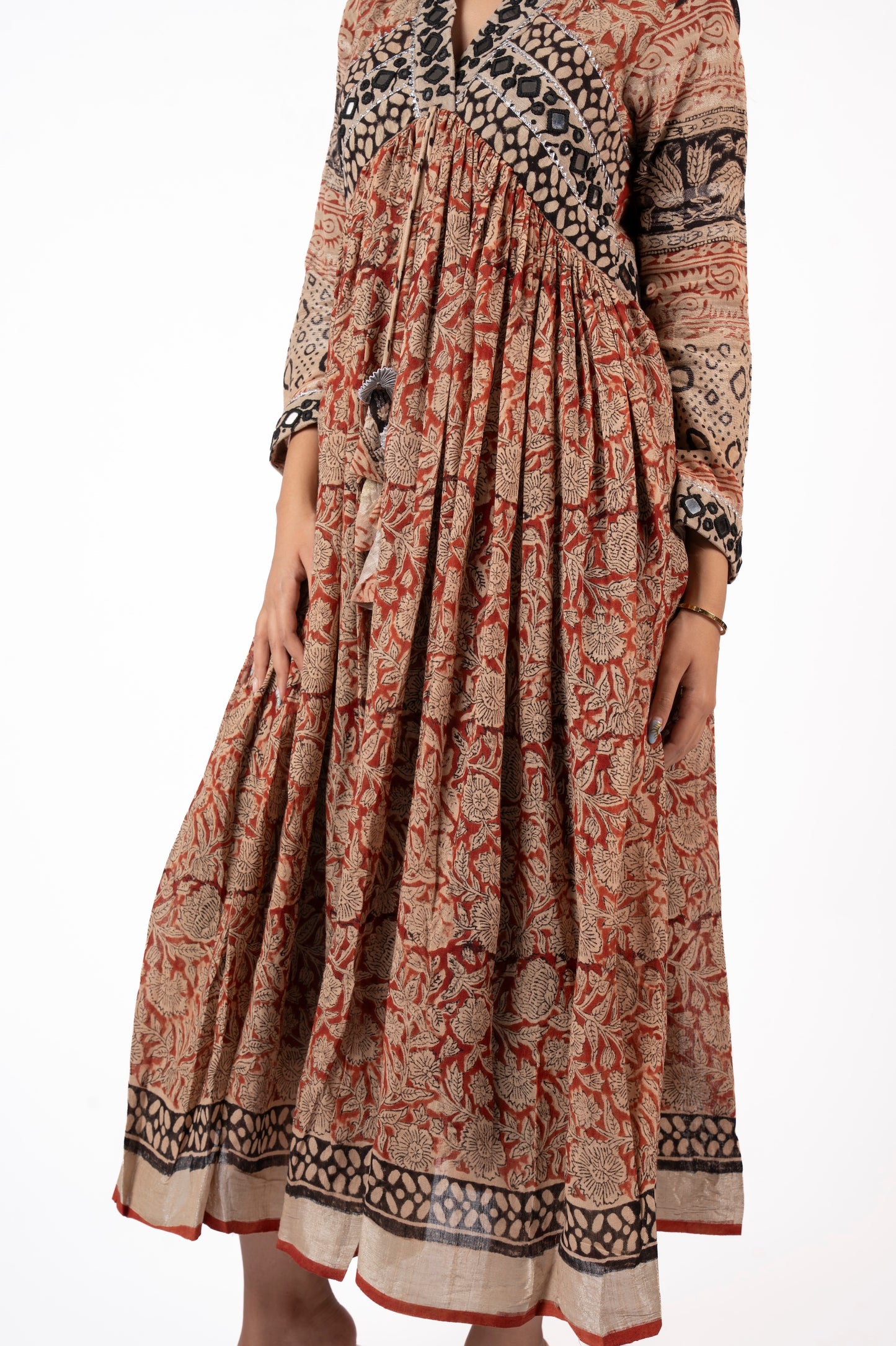 Eternal Blossom – Classic Kalamkari Mirror Work Linen Flared Dress